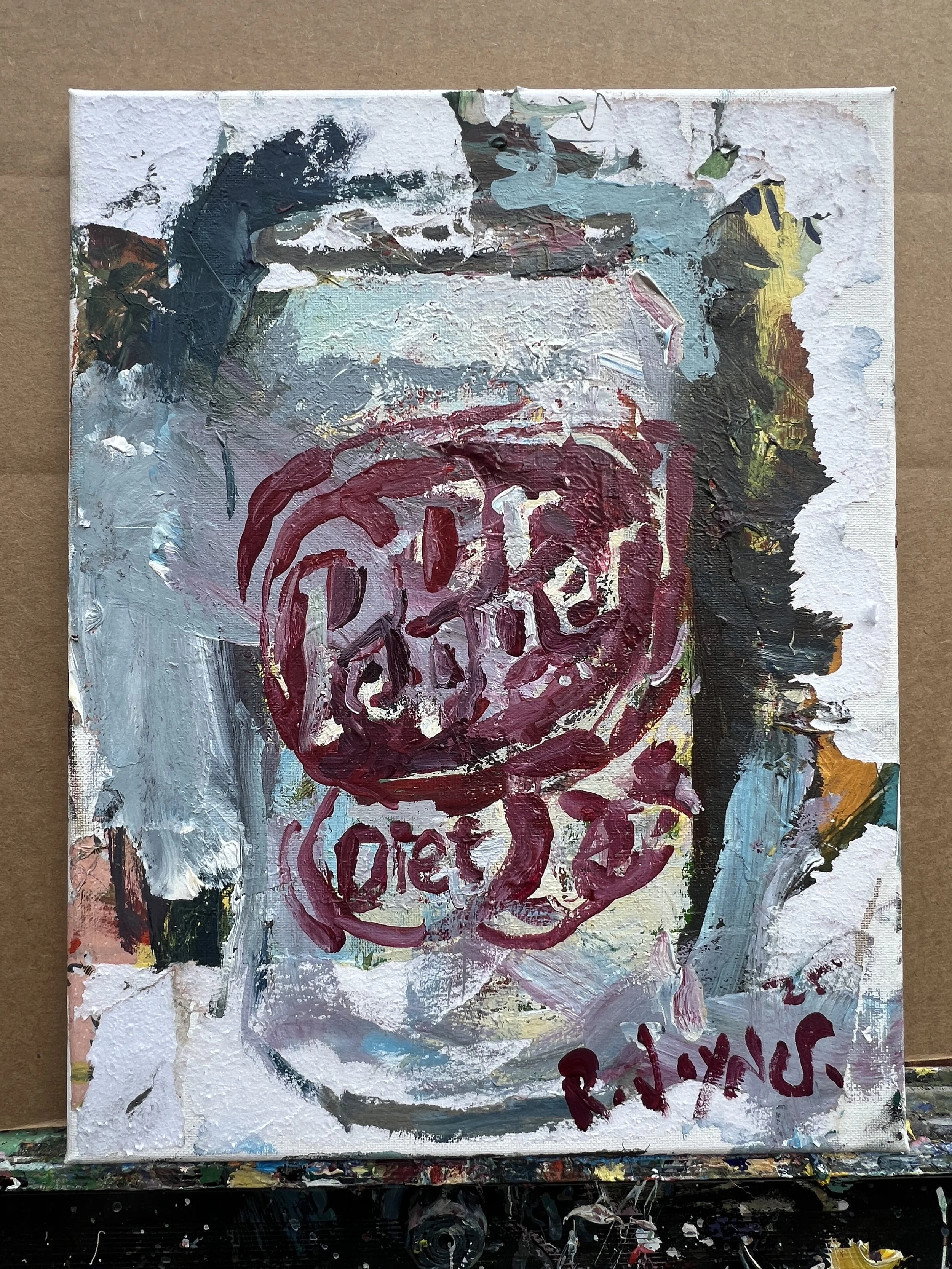 Bold expressive painting of Diet Dr Pepper silver can with burgundy logo, collage and acrylics on 14x11 canvas - kitchen wall art shows all edges