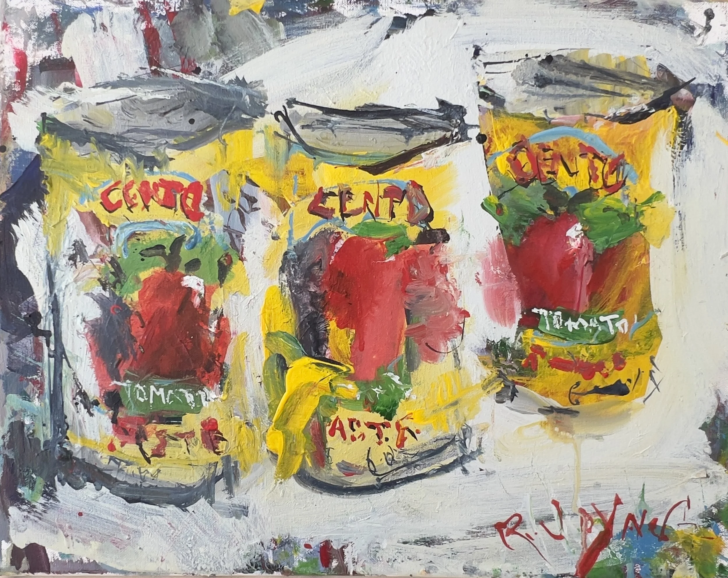 Alt Text: Colorful mixed media painting of three Cento tomato paste cans by Robert Joyner
