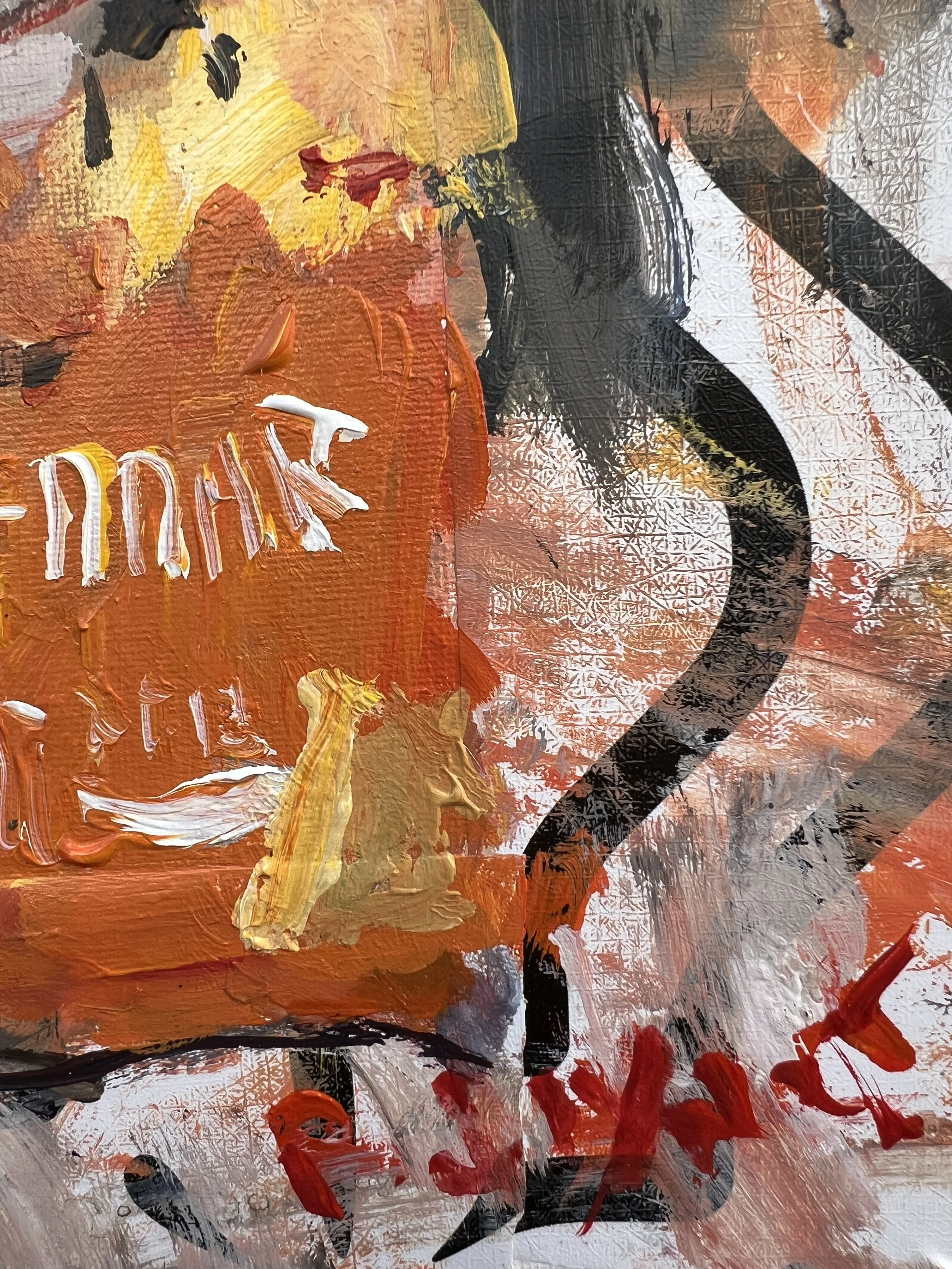 Texture detail of Bold expressive painting of Goldfish crackers orange bag with smiling goldfish logo