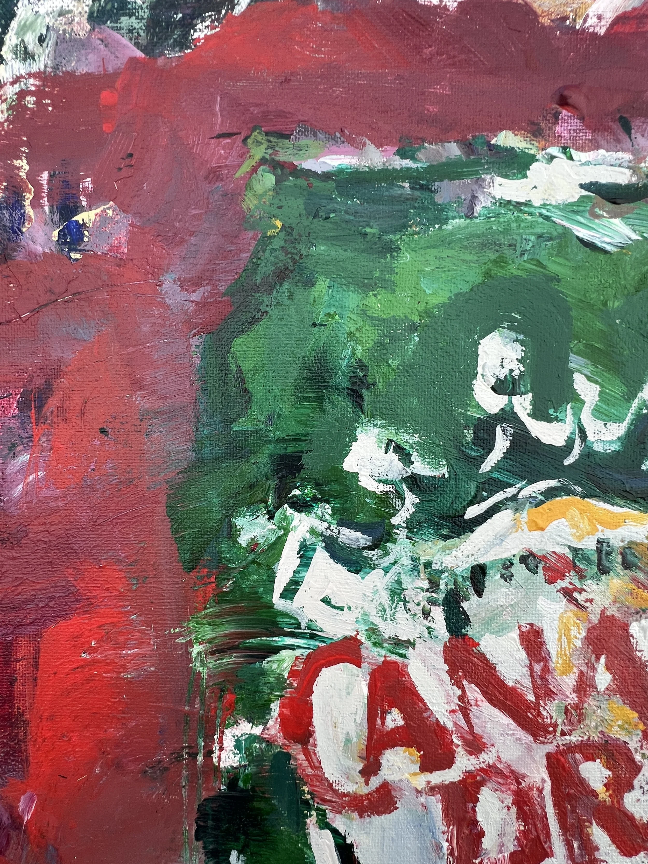 Bold expressive painting of Canada Dry ginger ale green and red can with shield logo in vibrant colors, acrylics on 20x16 canvas - close up 1