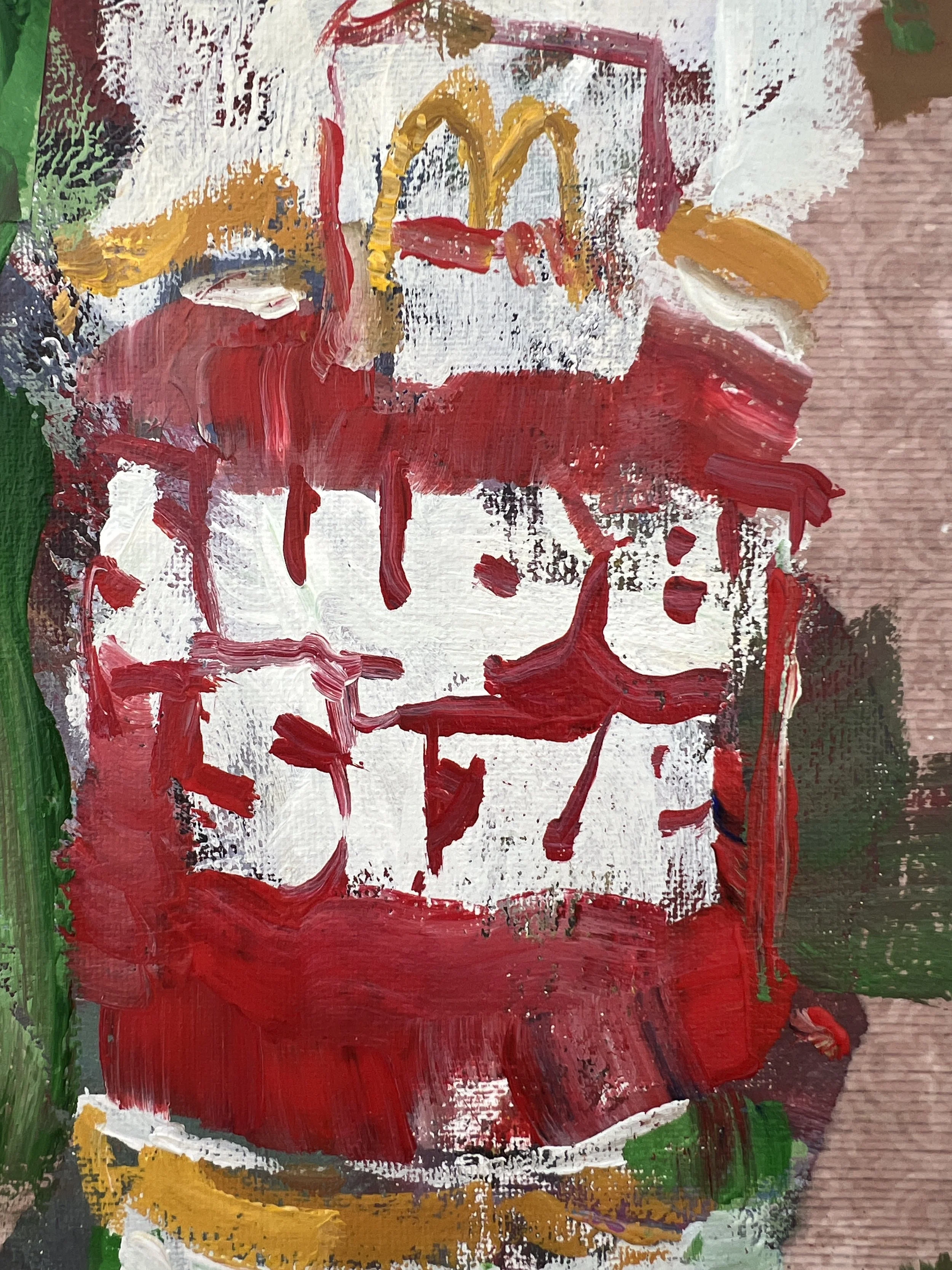 Bold expressive painting of Super Size McDonald's cup with golden arches and collage elements, acrylics on 14x11 canvas - close up 2