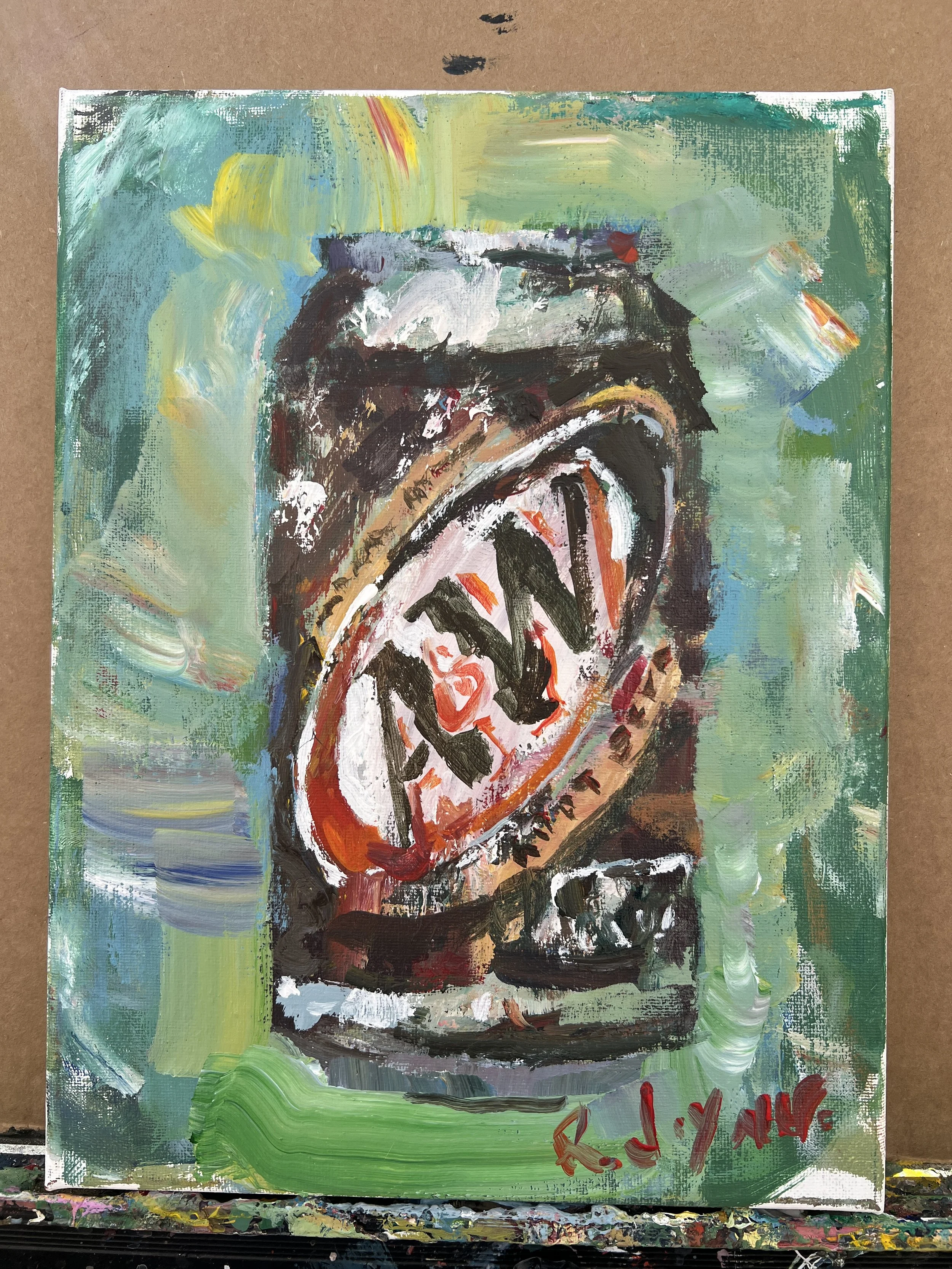 Loose expressive painting of A&W root beer can with bold oval label and textured brushwork, acrylic on 12x9 canvas - shows all edges
