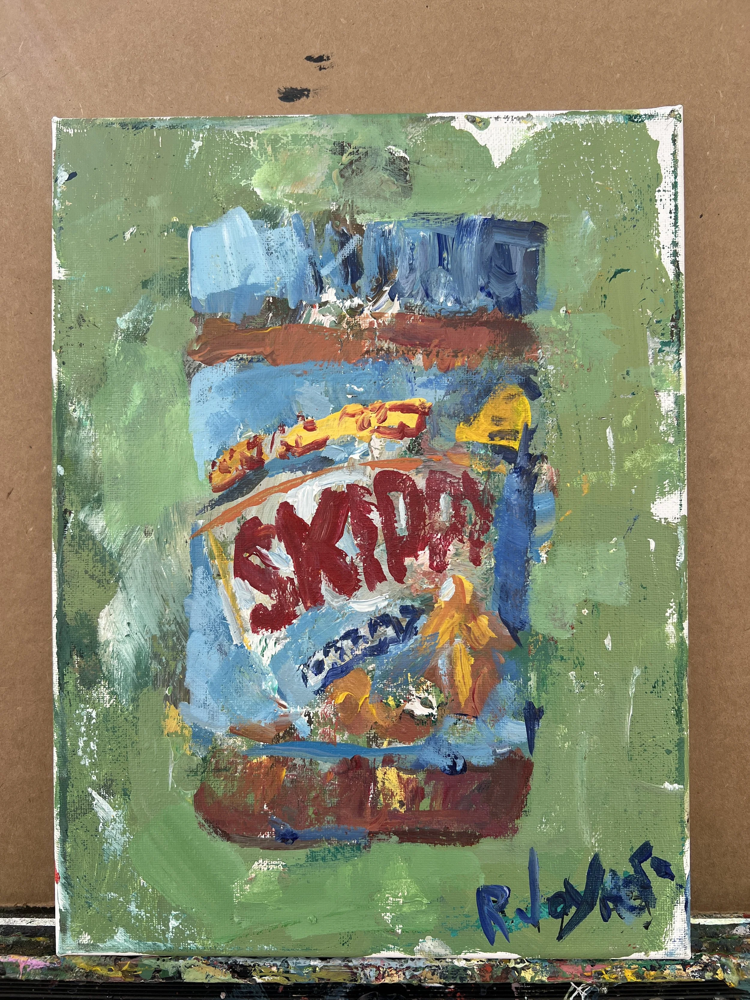 Loose expressive painting of Skippy peanut butter jar with bold red and blue label and textured brushwork, acrylic on 12x9 canvas - shows all edges