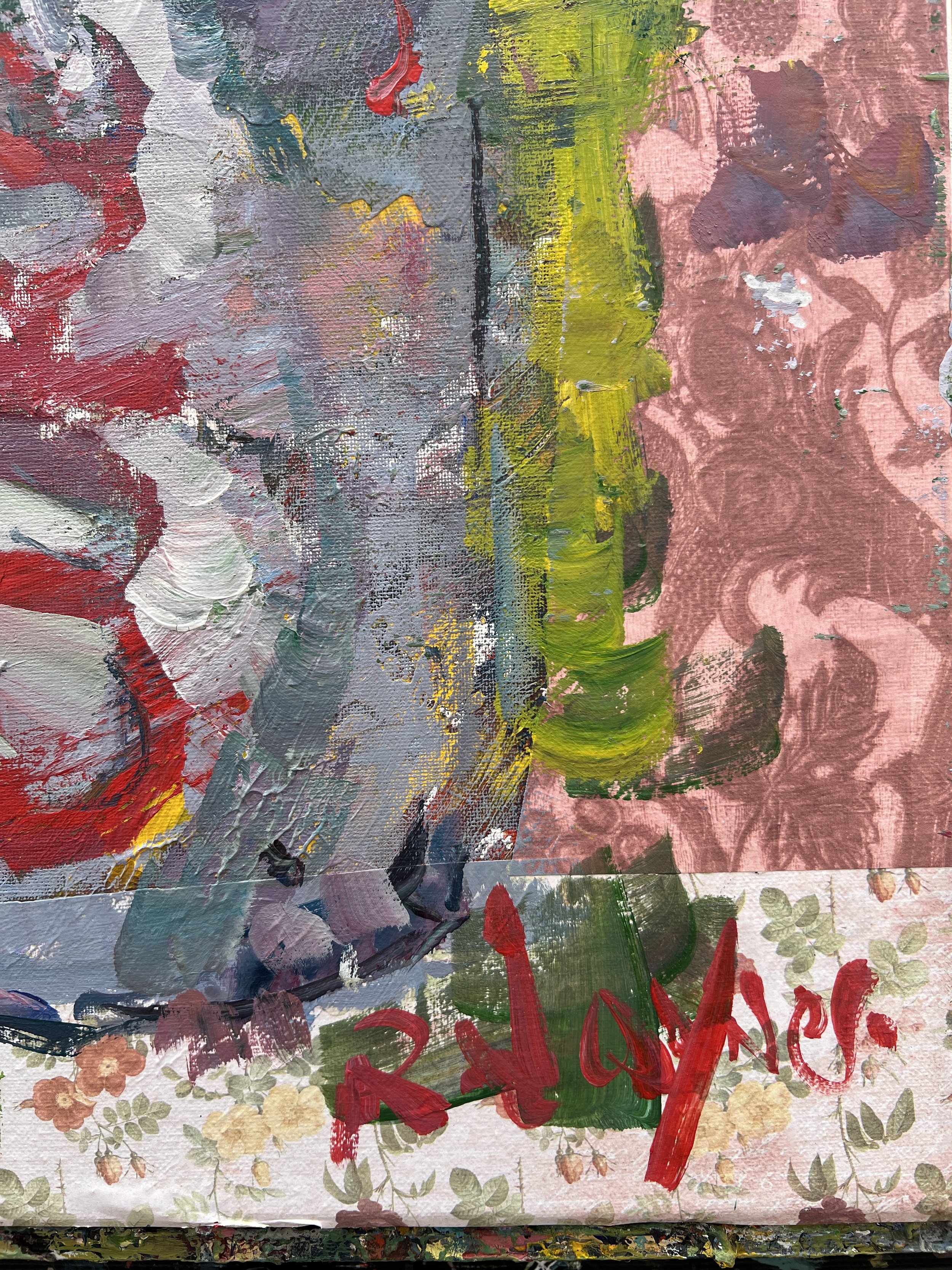 Alt Text: Bold expressive painting of Diet Coke silver can with red script and colorful collage borders, acrylics on 20x16 canvas - close up 5