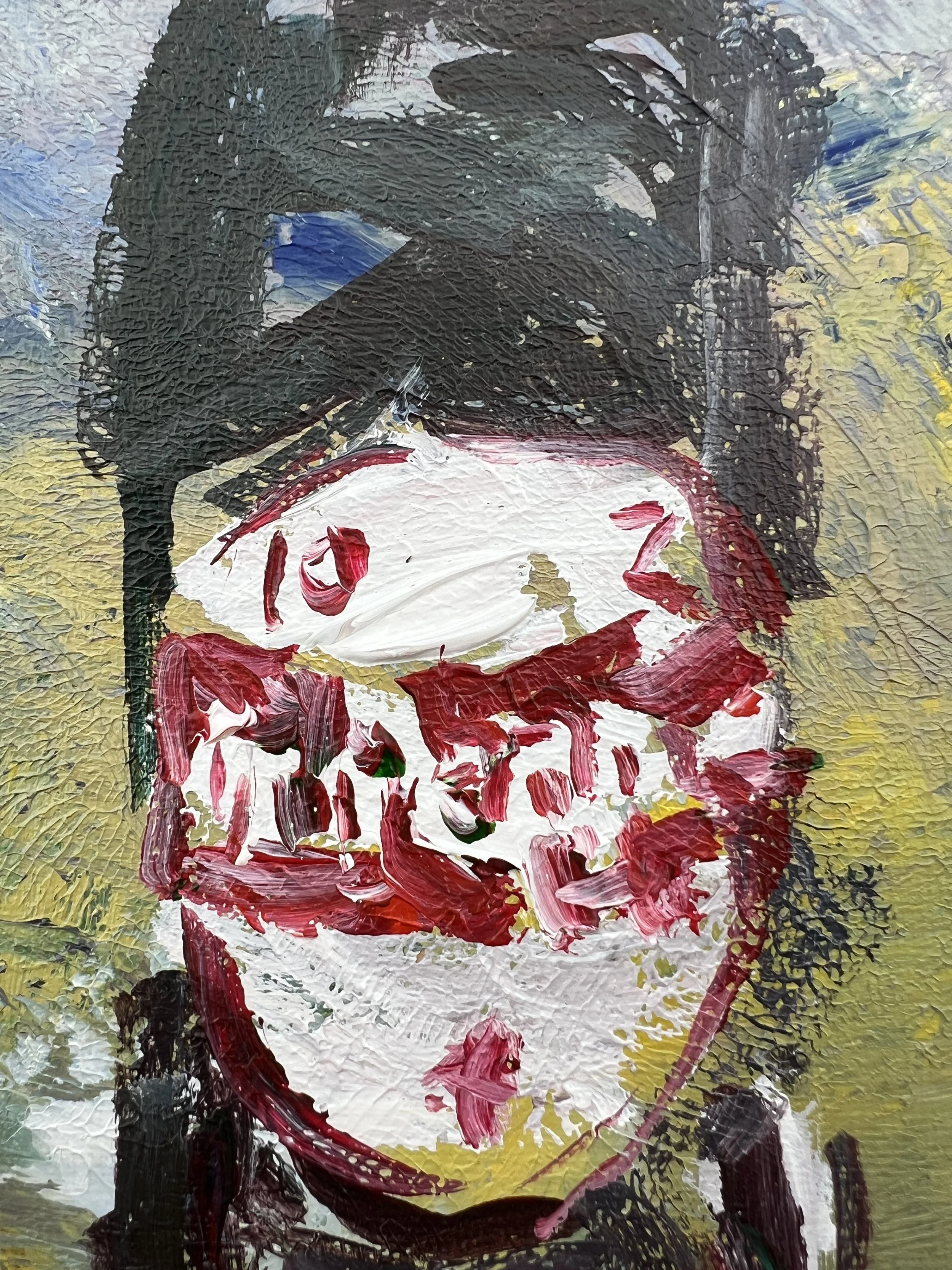 Texture detail of Loose expressive acrylic painting of a vintage Dr Pepper soda bottle