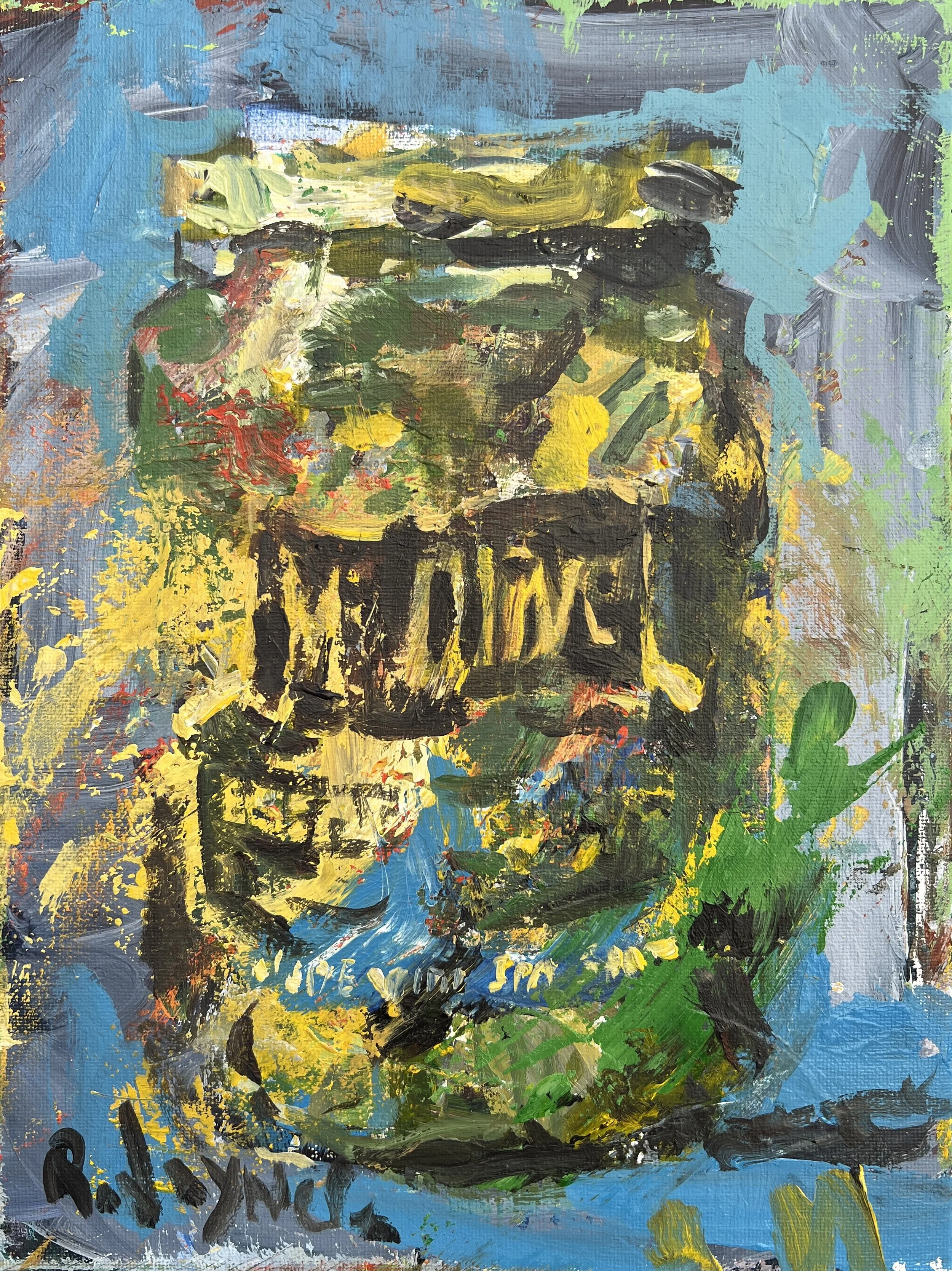 Bold expressive Mt. Olive Pickles jar original painting on canvas. Vibrant acrylics featuring the iconic green jar with yellow label