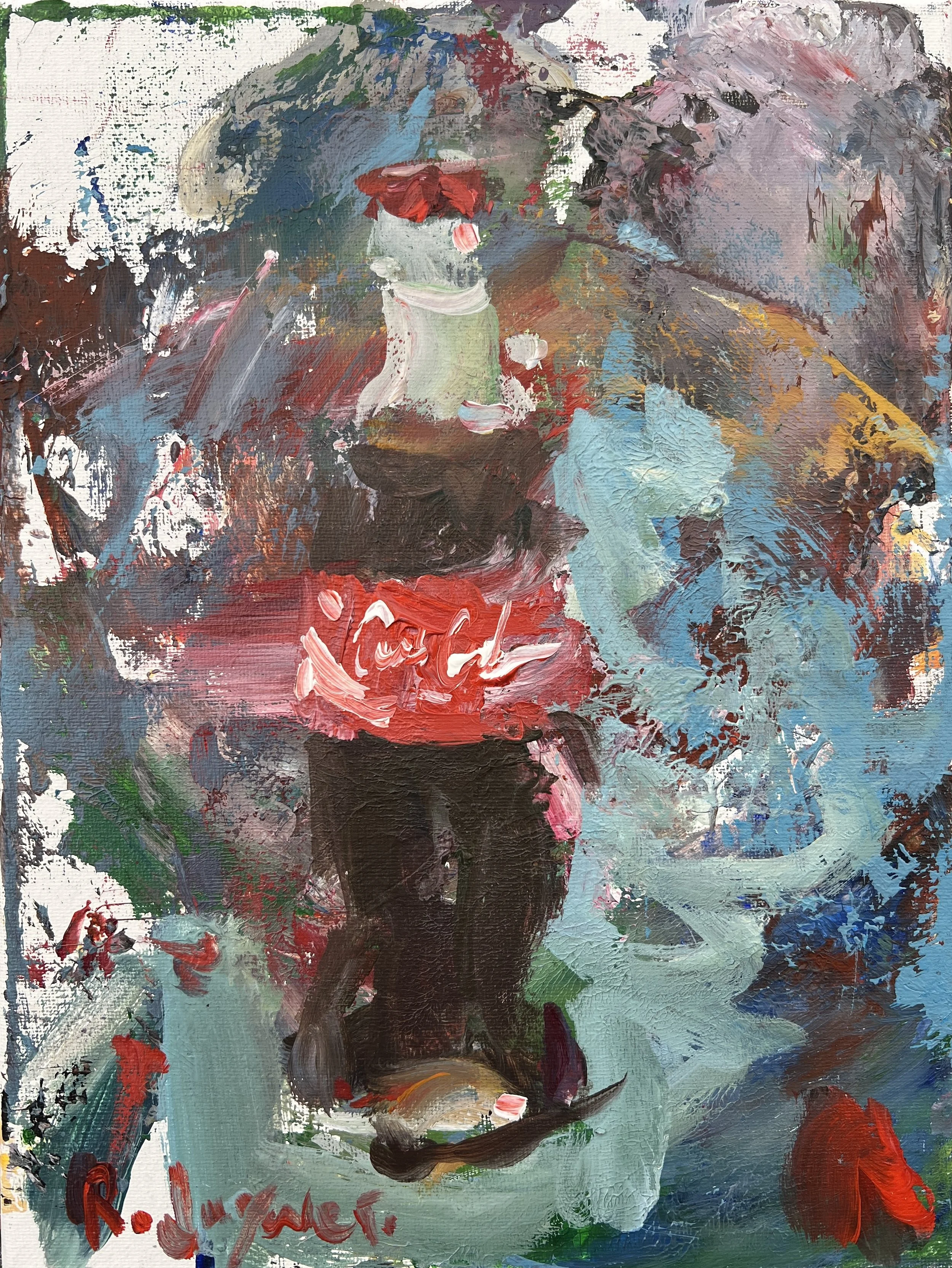 Bold expressive painting of Coca-Cola glass bottle in vibrant reds and blues with textured brushstrokes, acrylics on 12x9 canvas - nostalgic kitchen wall art