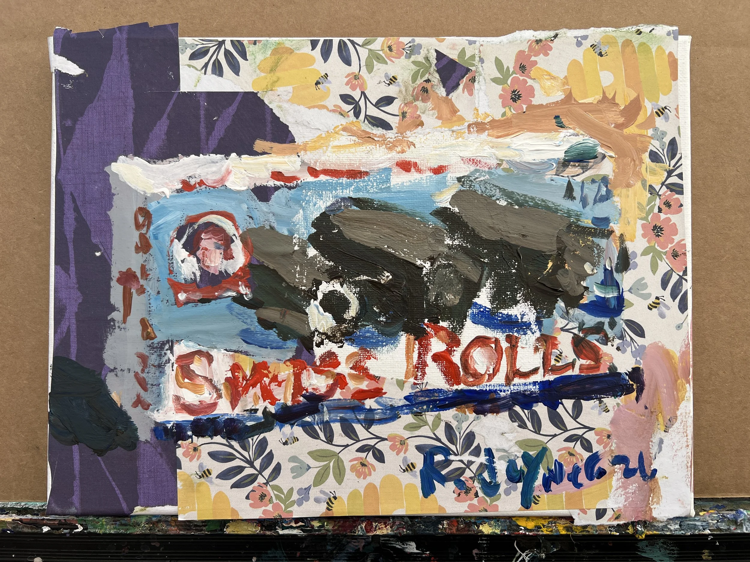 Bold expressive painting of Little Debbie Swiss Cake Rolls box with collage elements and textured brushstrokes, acrylics on 12x9 canvas - nostalgic snack kitchen wall art shows all edges