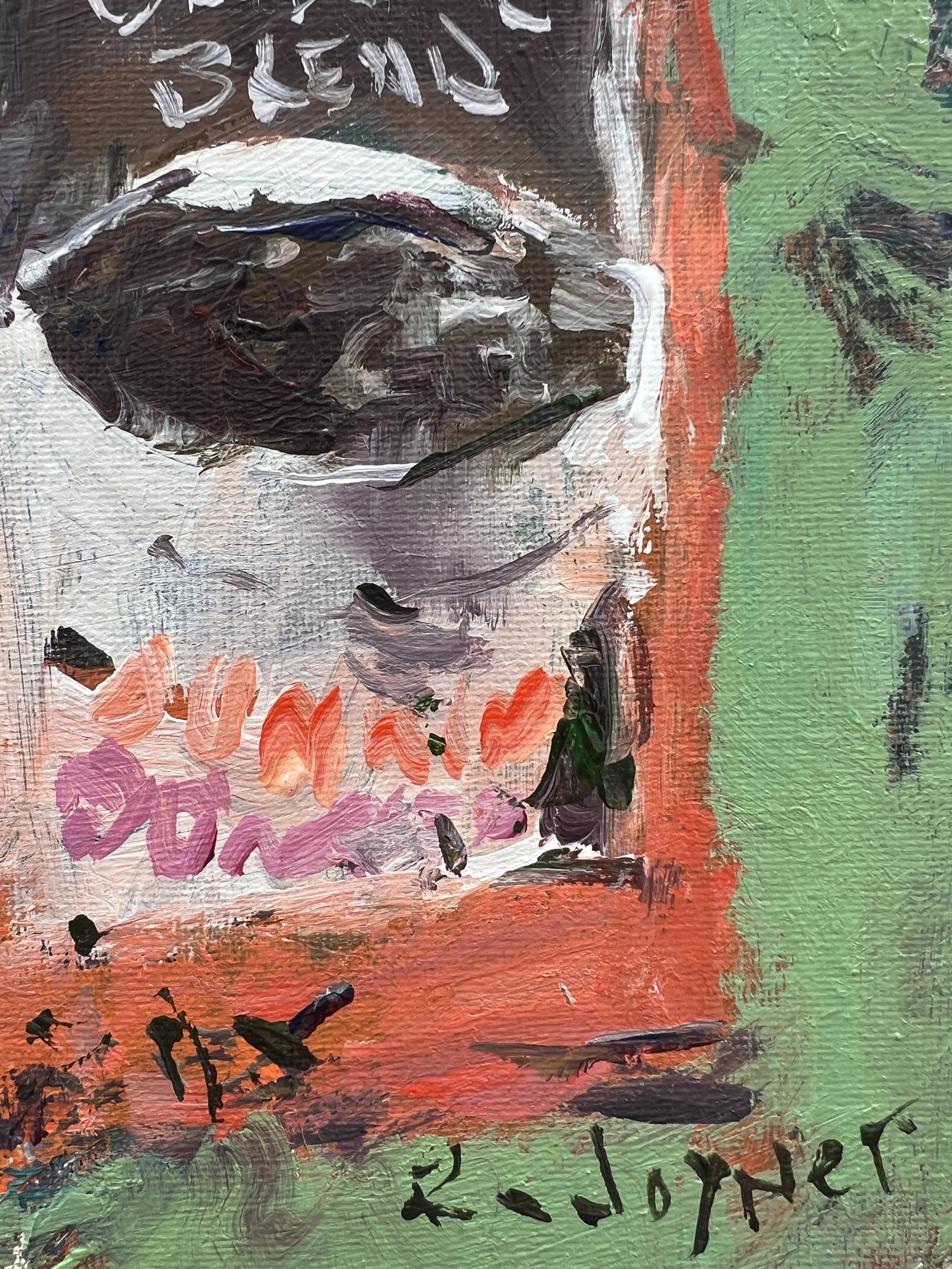 Brushwork detail of Loose expressive original painting of Dunkin' Donuts coffee bag