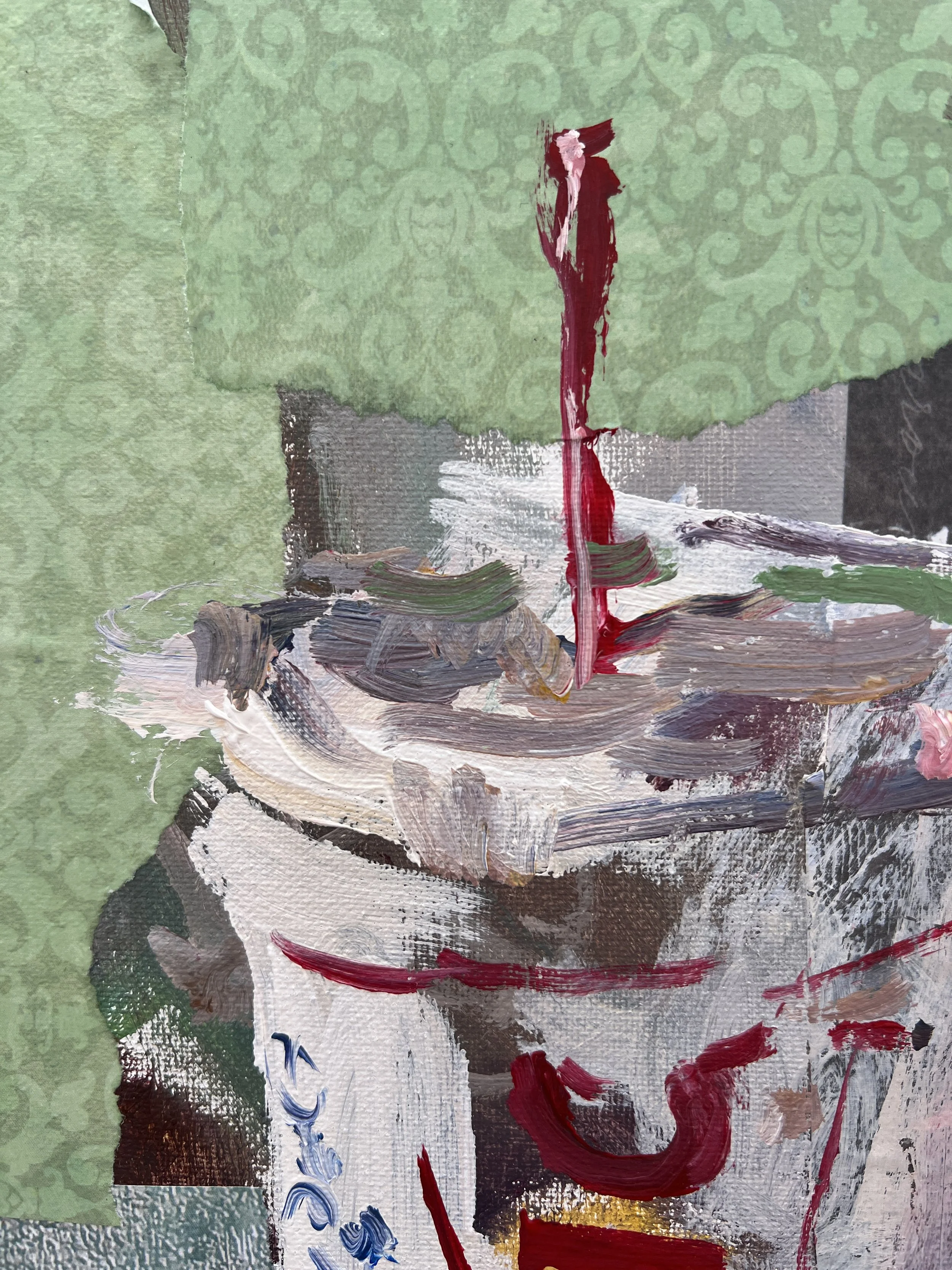 Bold expressive painting of Sonic Drive-In drink cup with colorful logo and collage elements, acrylics on 11x14 canvas - close up 1