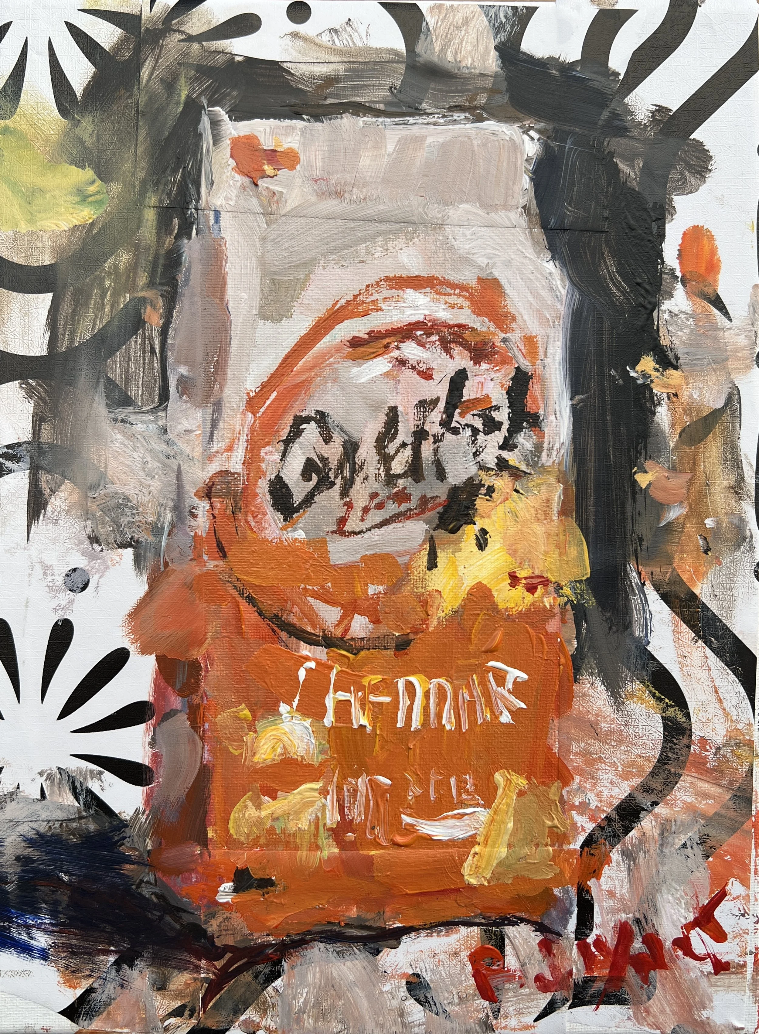 Bold expressive painting of Goldfish crackers orange bag with smiling goldfish logo, mixed media and collage with zebra print elements on 12x9 canvas - kitchen wall art