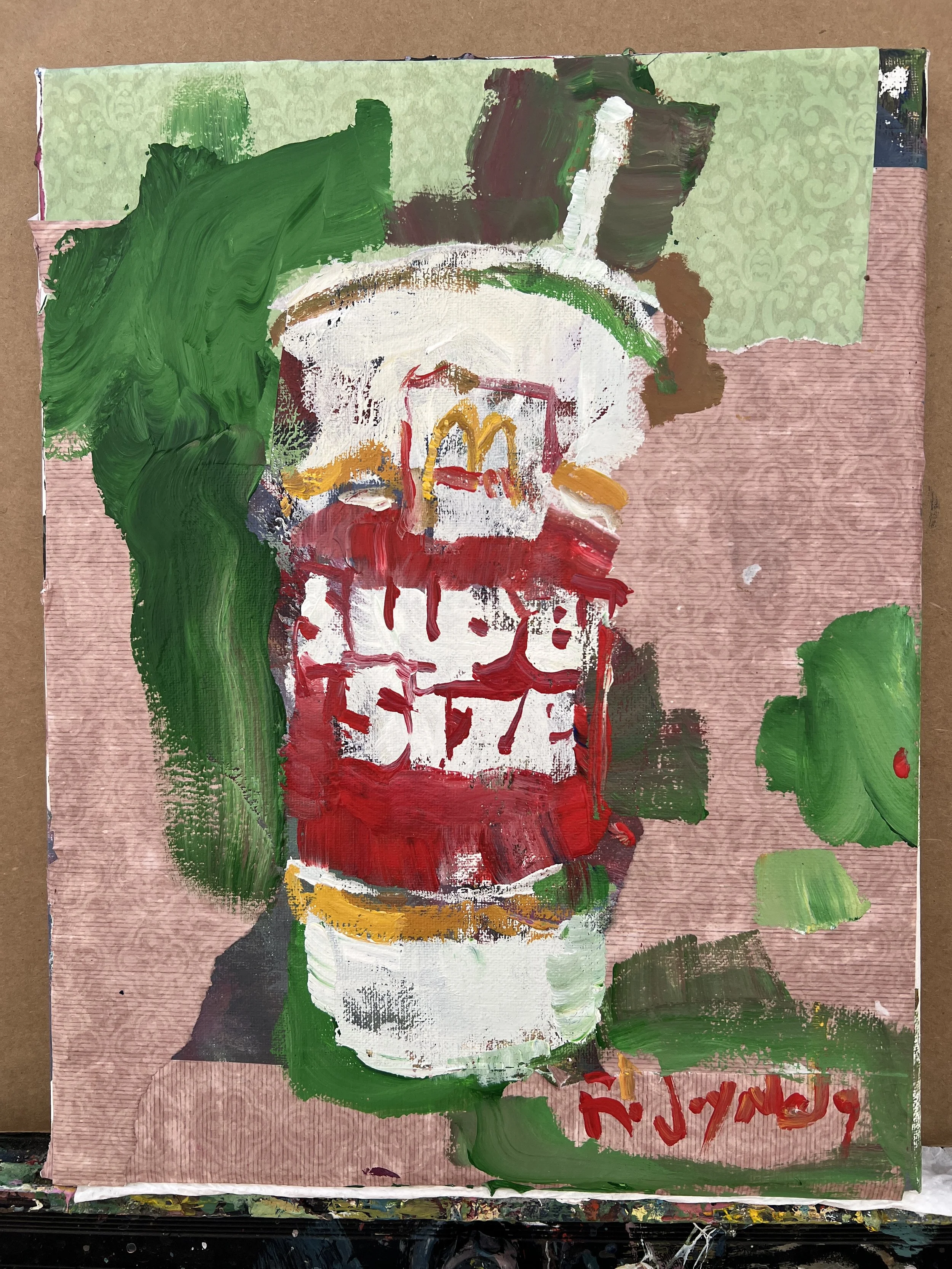 Bold expressive painting of Super Size McDonald's cup with golden arches and collage elements, acrylics on 14x11 canvas - retro fast food wall art shows all edges