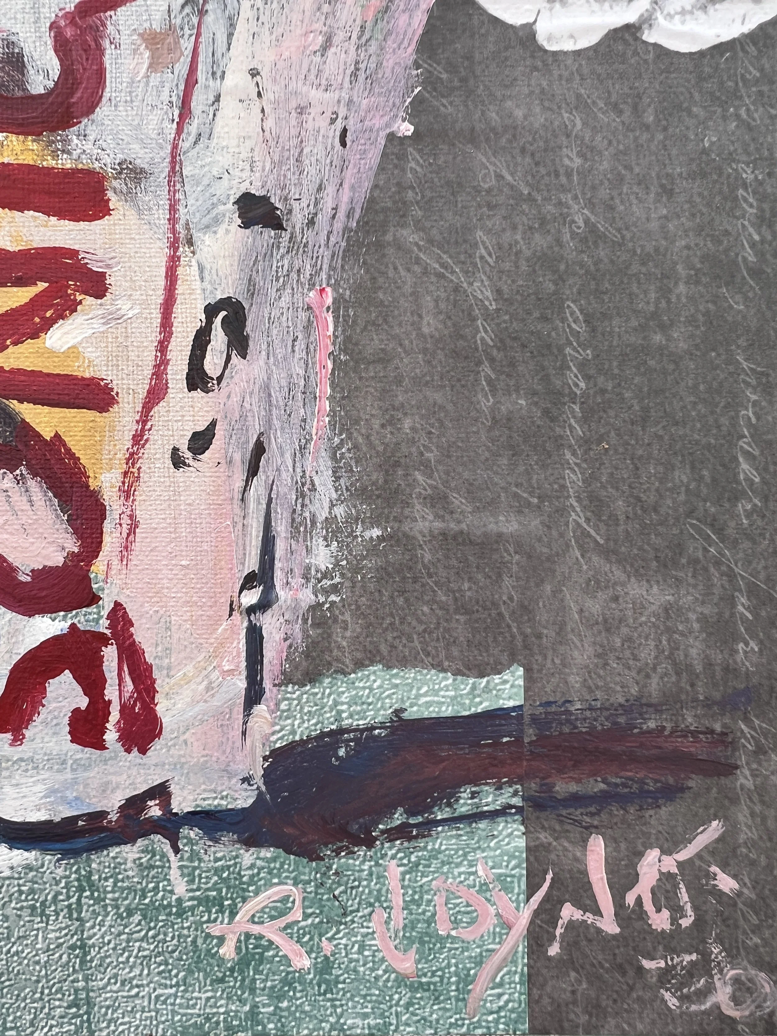 Bold expressive painting of Sonic Drive-In drink cup with colorful logo and collage elements, acrylics on 11x14 canvas - close up 4