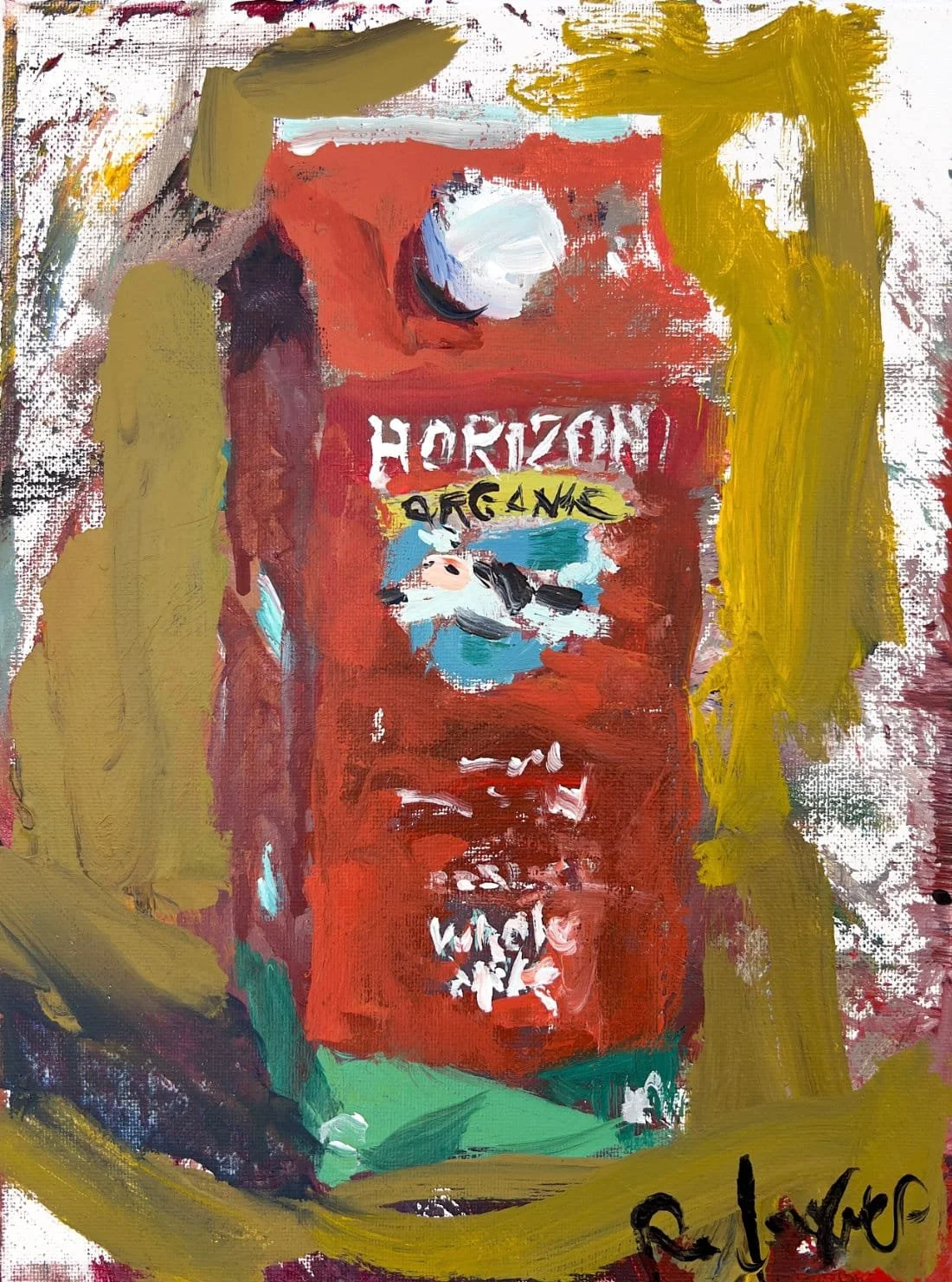 Horizon milk container pop art painting in red and green, popular morning beverage brand artwork