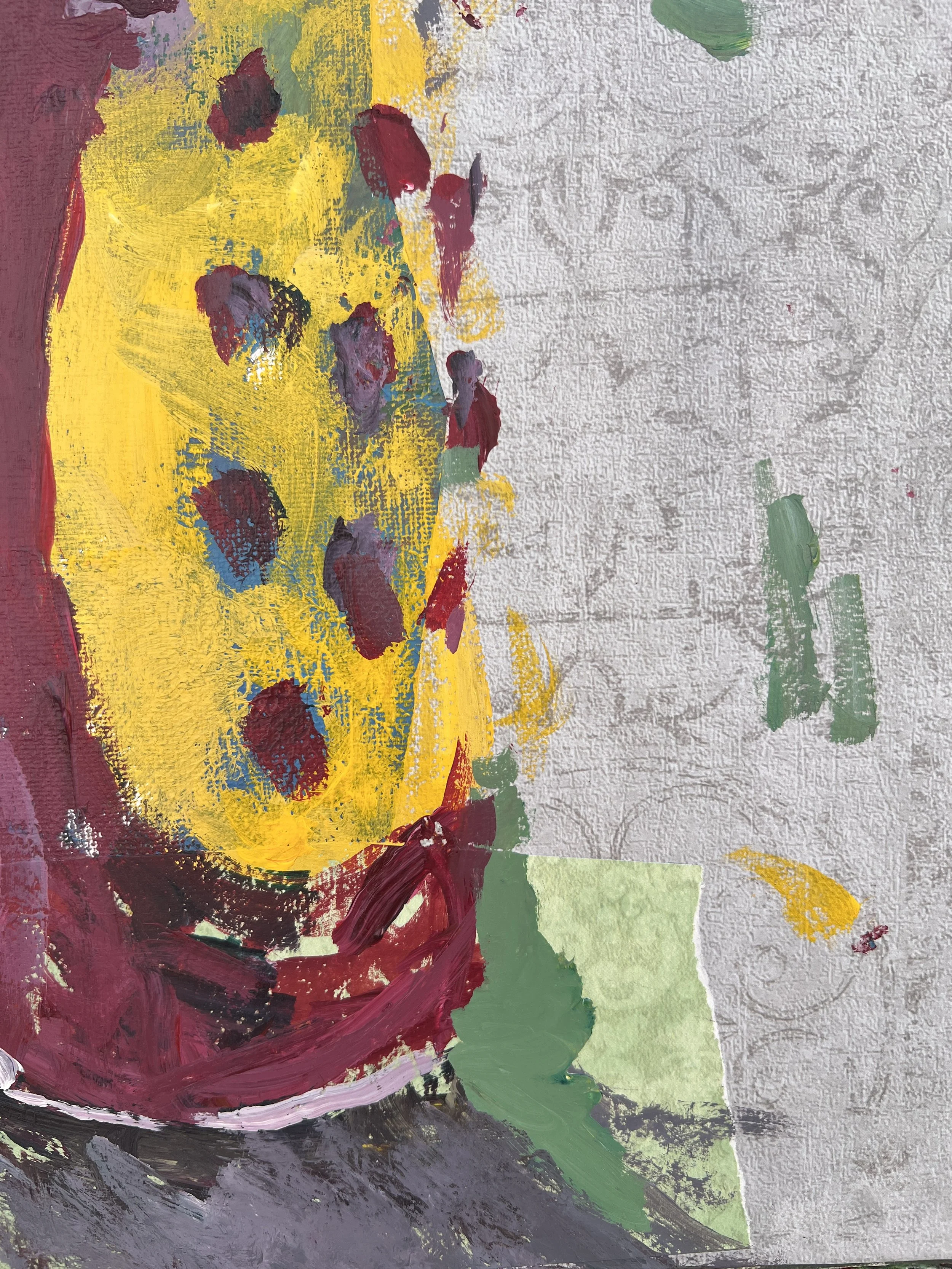 old expressive painting of Poppi strawberry lemon soda pink can with collage elements, acrylics on 11x14 canvas - close up 4