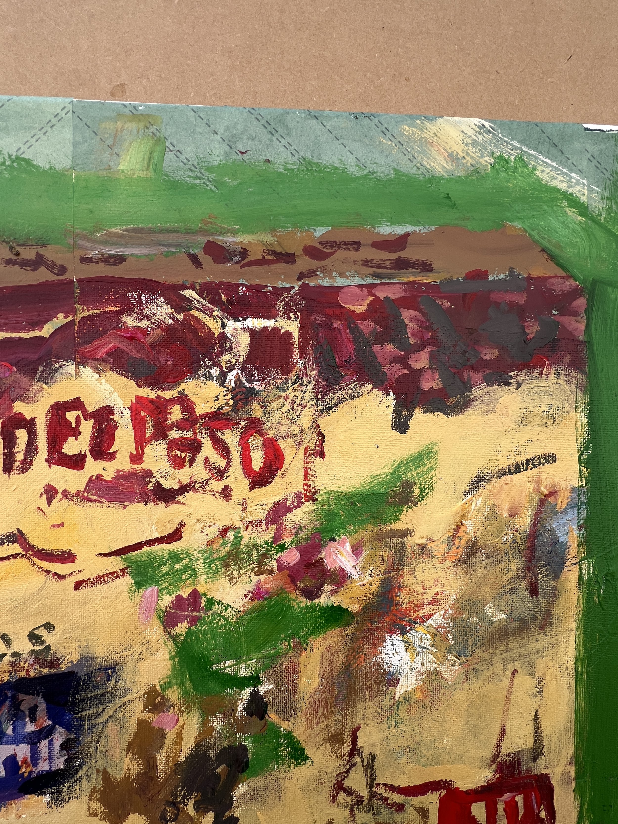 Bold expressive painting of Old El Paso Stand 'n Stuff taco shells box in vibrant colors, acrylics on 20x16 canvas - close up 2