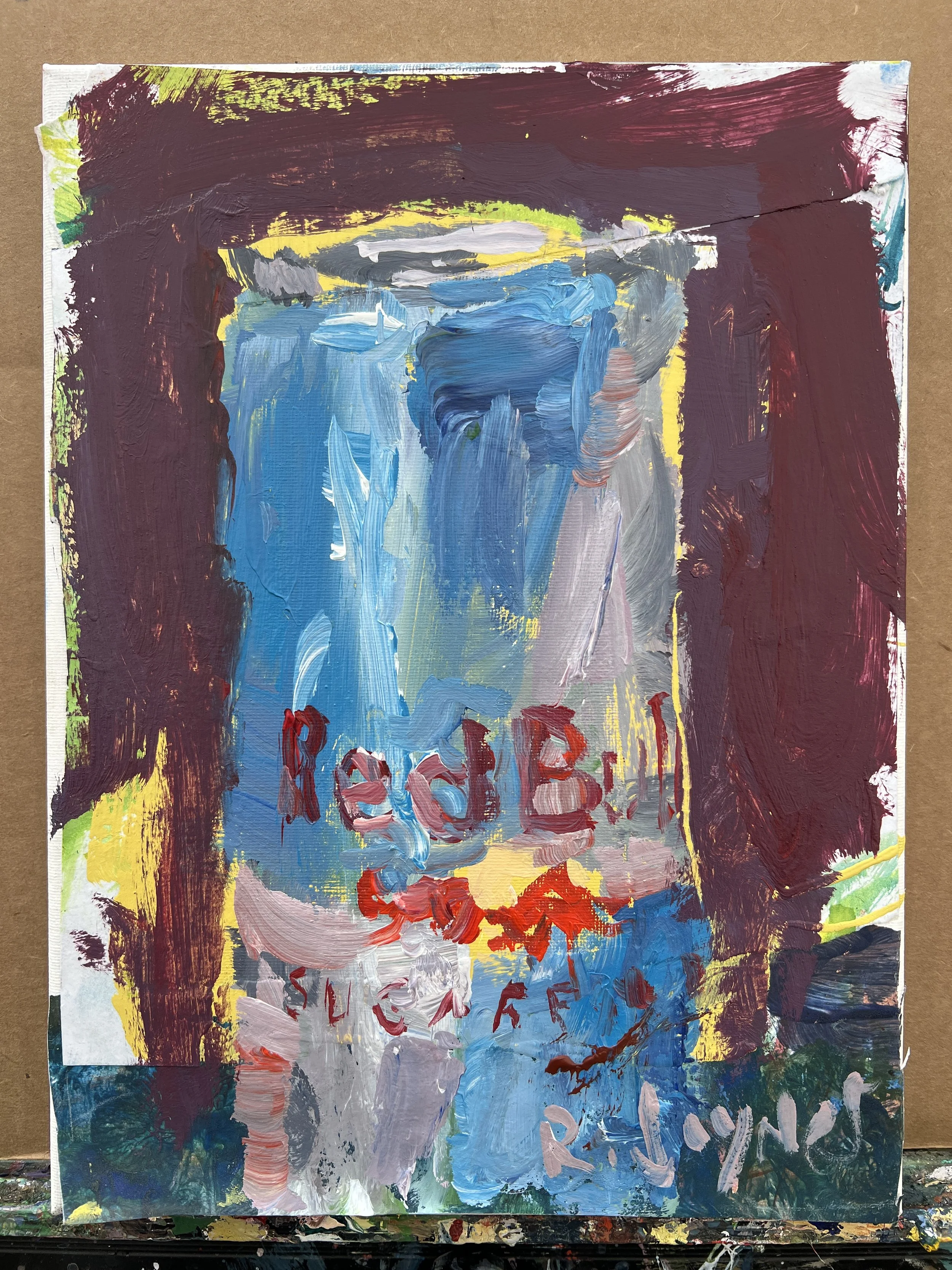 Bold expressive original painting of a Red Bull Sugar Free can with loose brushstrokes and layered acrylic and collage texture on 12x9 canvas, contemporary still life art shows all edges