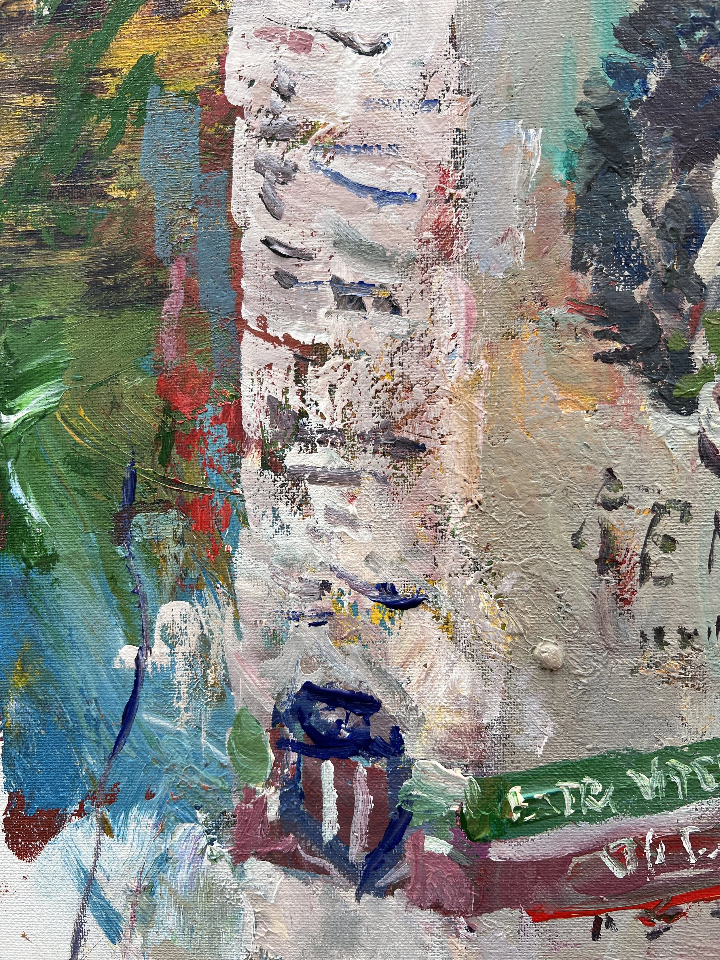 Bold expressive painting of King Kenzo extra virgin olive oil tin can with Mediterranean label, acrylics on 20x16 canvas - close up 4