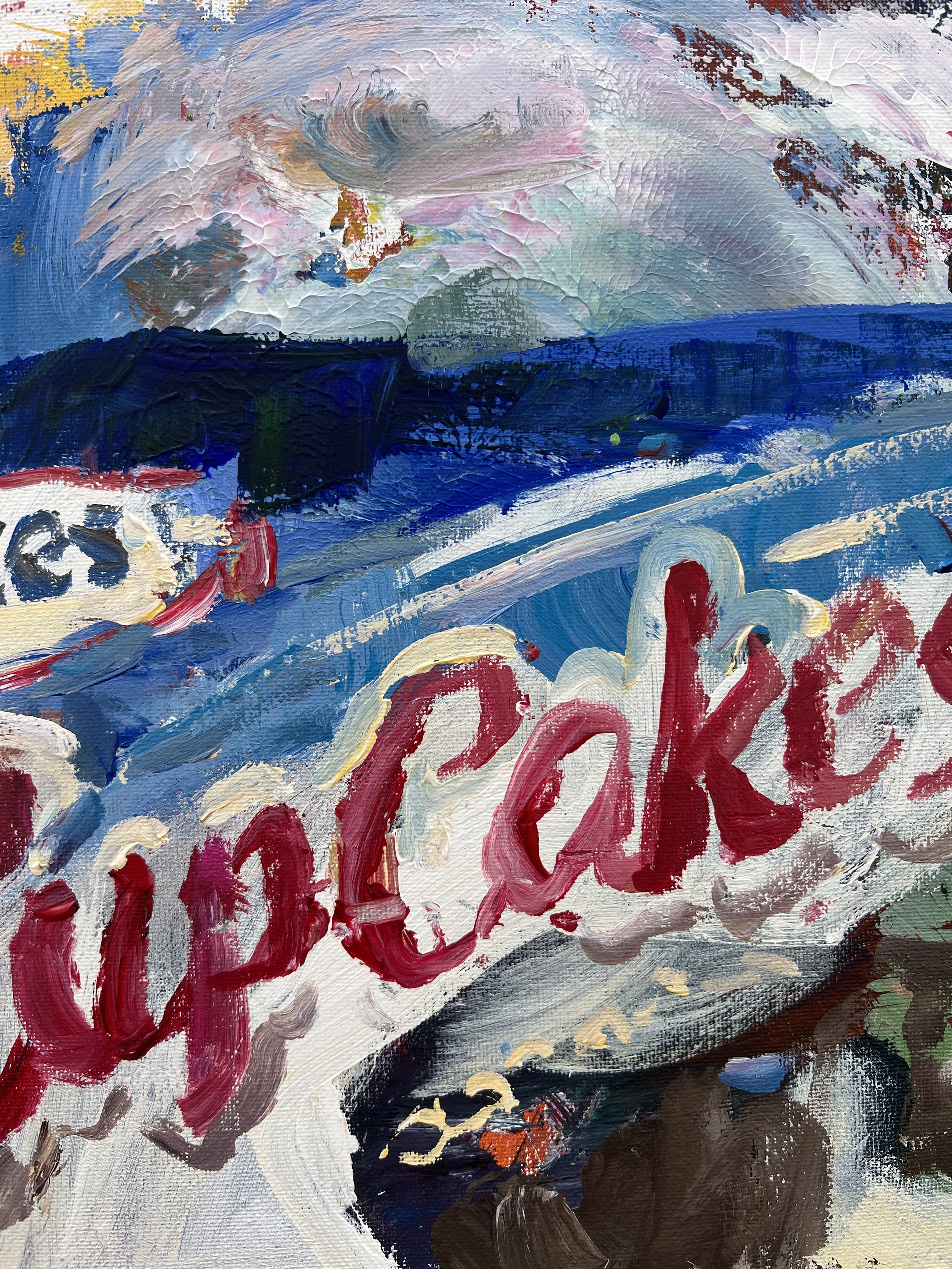 Bold expressive painting of Hostess Cupcakes orange box with chocolate cupcakes and white squiggle, acrylics on 20x16 canvas - close up 2