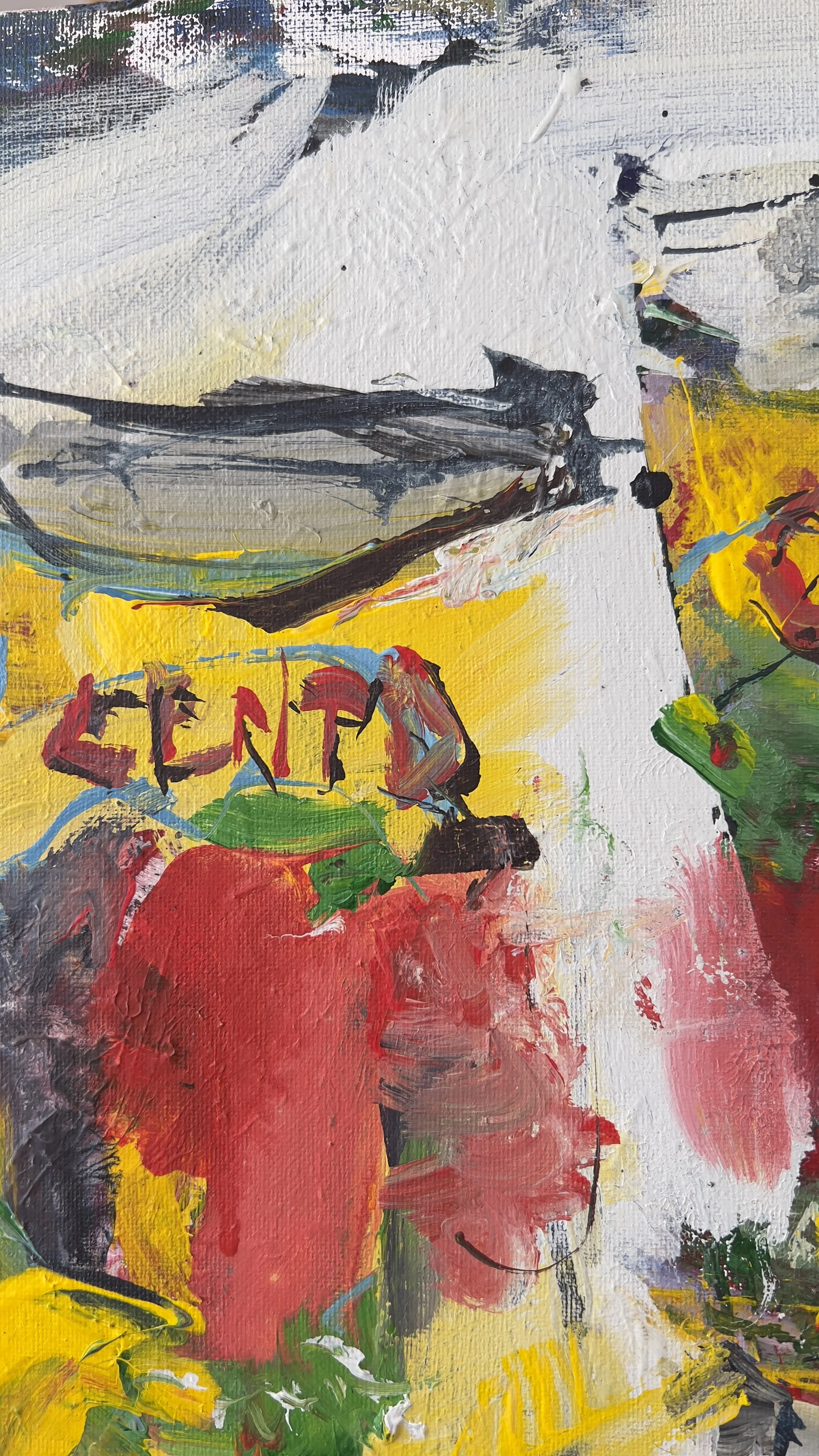 Alt Text: Colorful mixed media painting of three Cento tomato paste cans close up 2