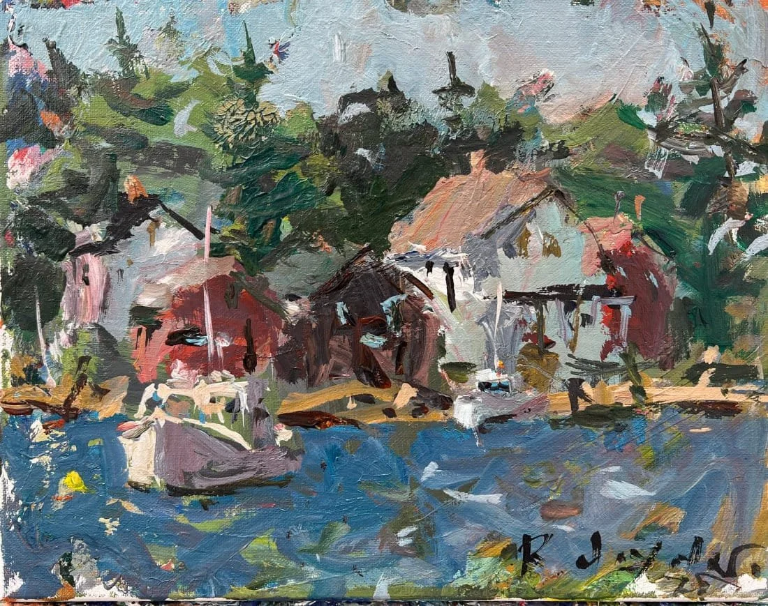 Mixed media seascape of a Maine harbor with boats, docks, and vibrant textures.