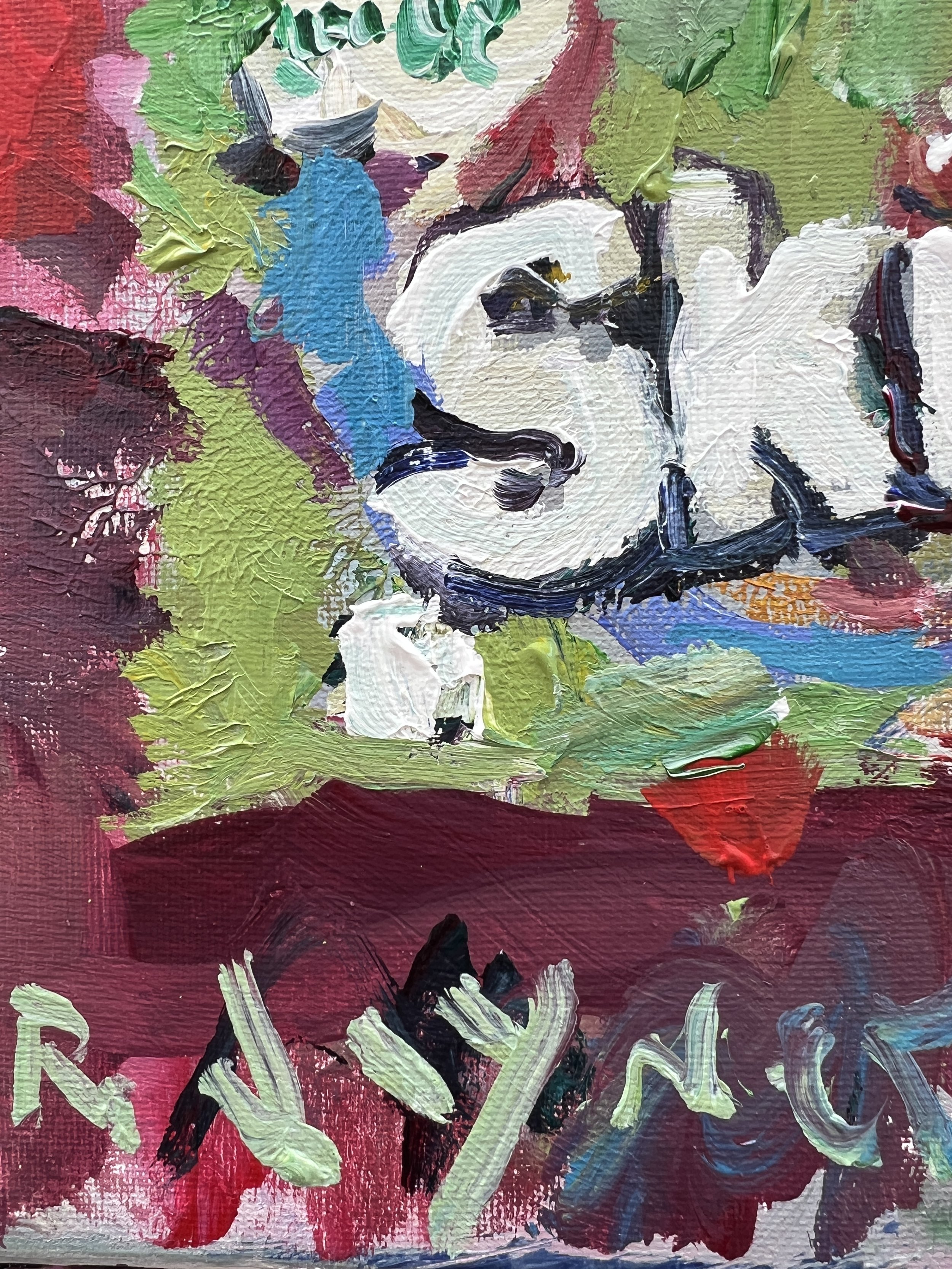 Bold expressive painting of Skittles Sour green candy bag with rainbow candies, acrylics on 12x9 canvas - close up 4