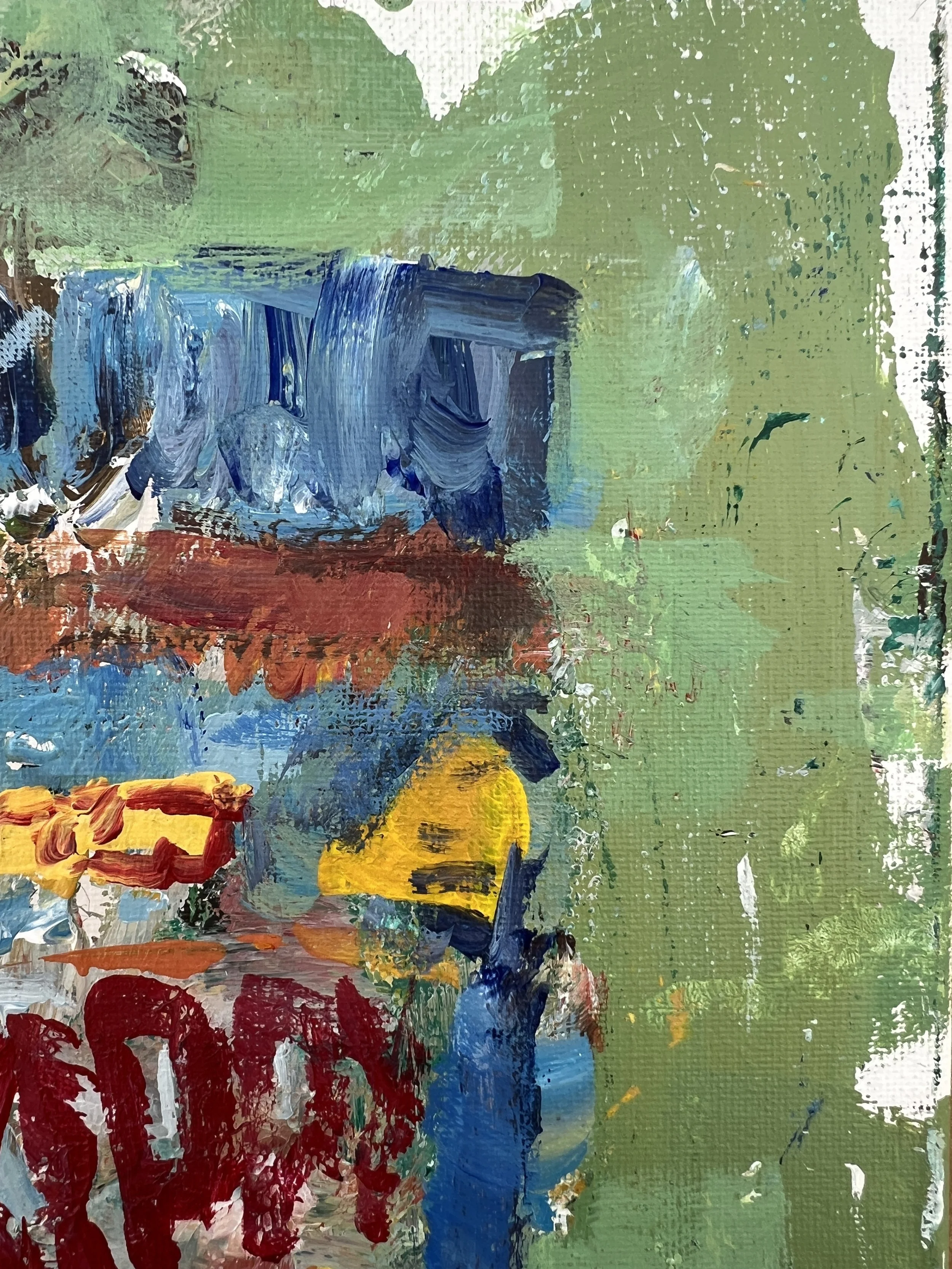 Loose expressive painting of Skippy peanut butter jar with bold red and blue label and textured brushwork, acrylic on 12x9 canvas - close up 2