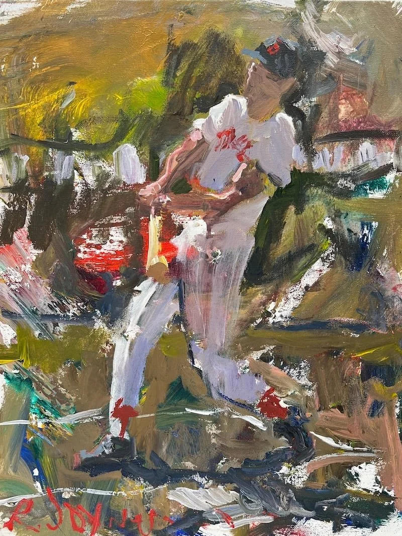 Loose acrylic painting of Red Sox legend Ted Williams mid-swing