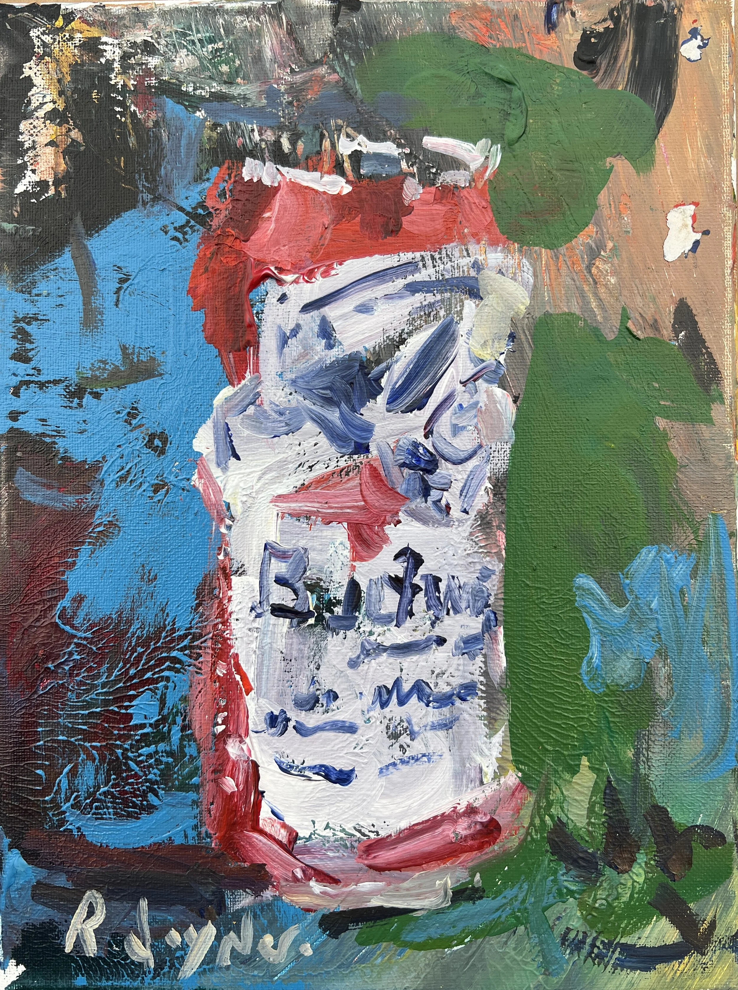Detail view of Loose expressive acrylic painting of a Budweiser beer can