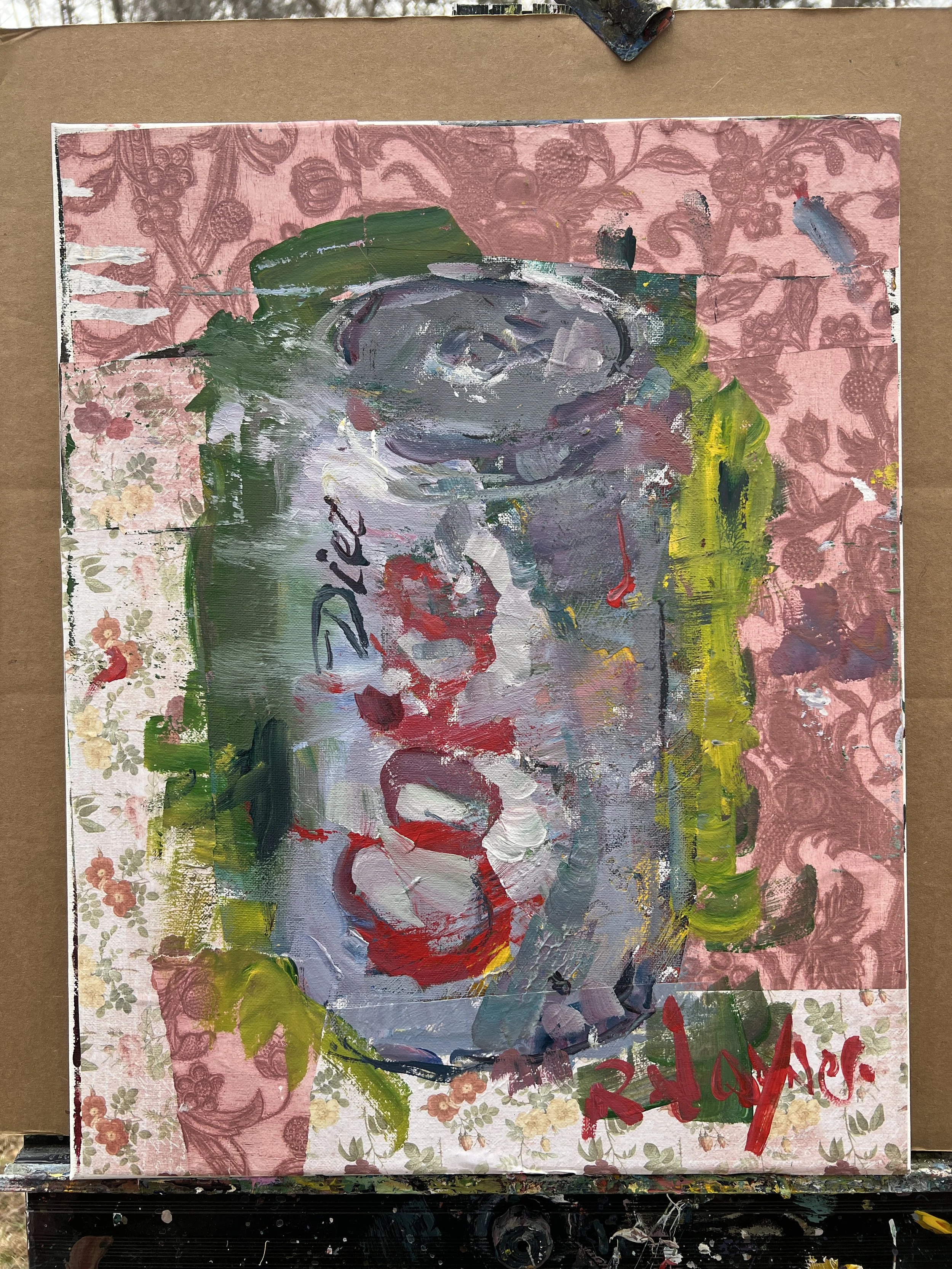 Alt Text: Bold expressive painting of Diet Coke silver can with red script and colorful collage borders, acrylics on 20x16 canvas - shows all edges