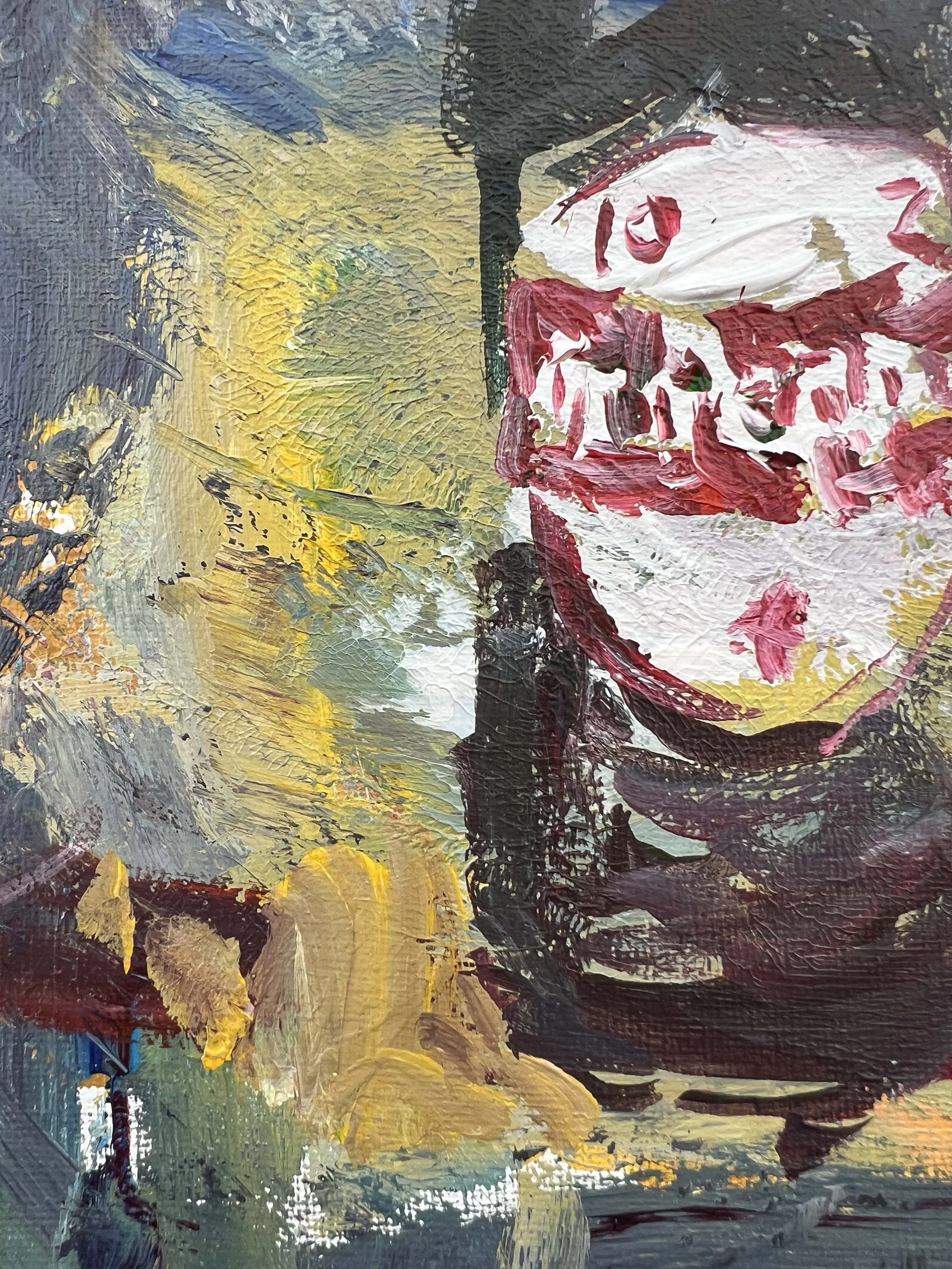 Brushwork detail of Loose expressive acrylic painting of a vintage Dr Pepper soda bottle