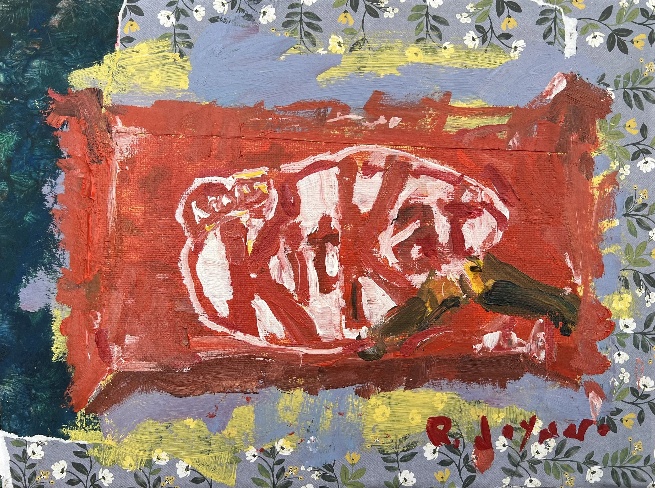 Bold expressive painting of KitKat candy bar red wrapper with white logo and collage with floral elements, acrylics on 12x9 canvas - kitchen wall art