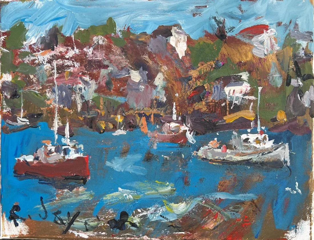 Modern impressionistic coastal painting of boats tied to a dock in a small Maine village.