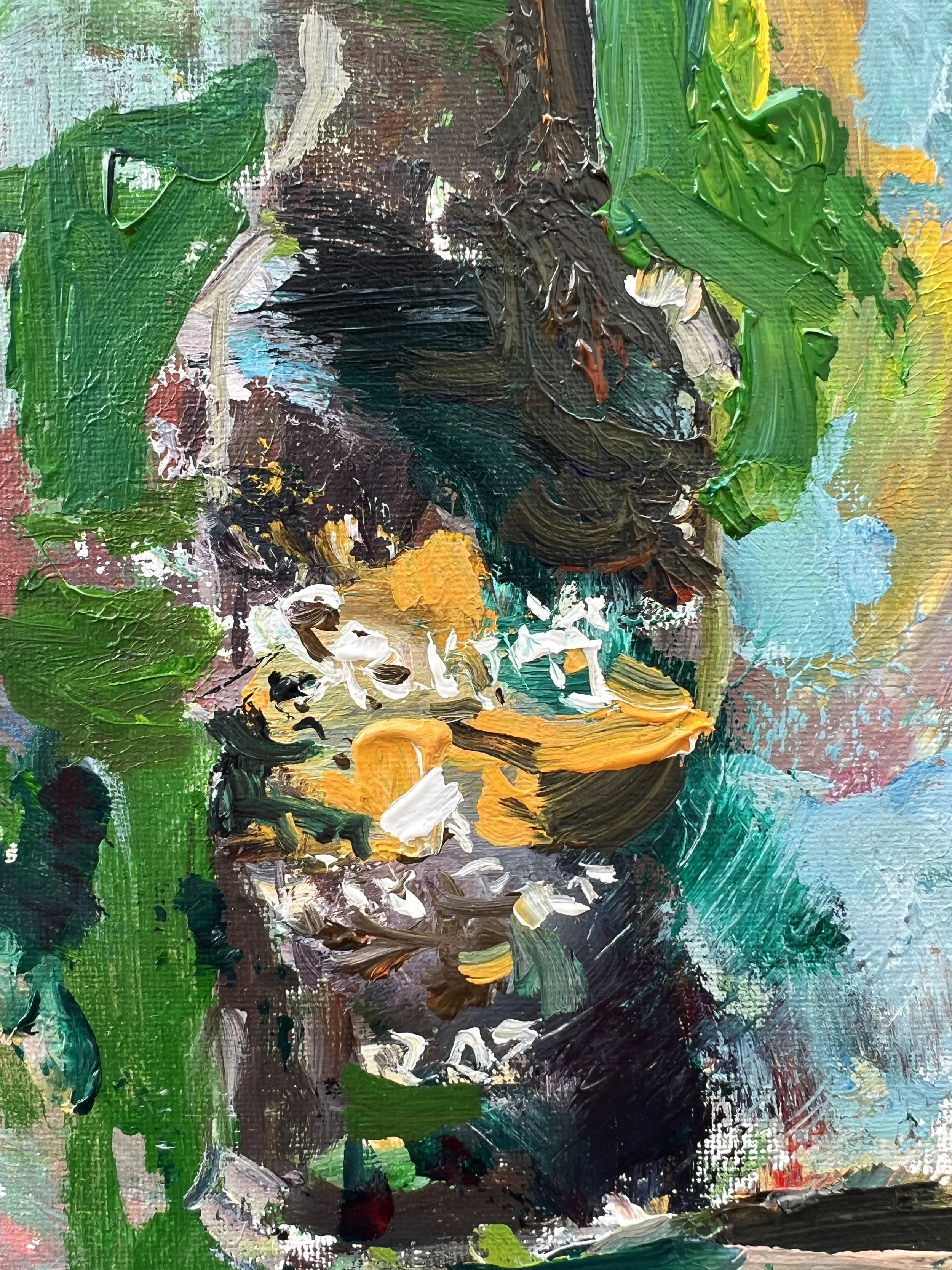 Bold expressive painting of Stewart's Root Beer brown bottle with orange and cream label close up 3