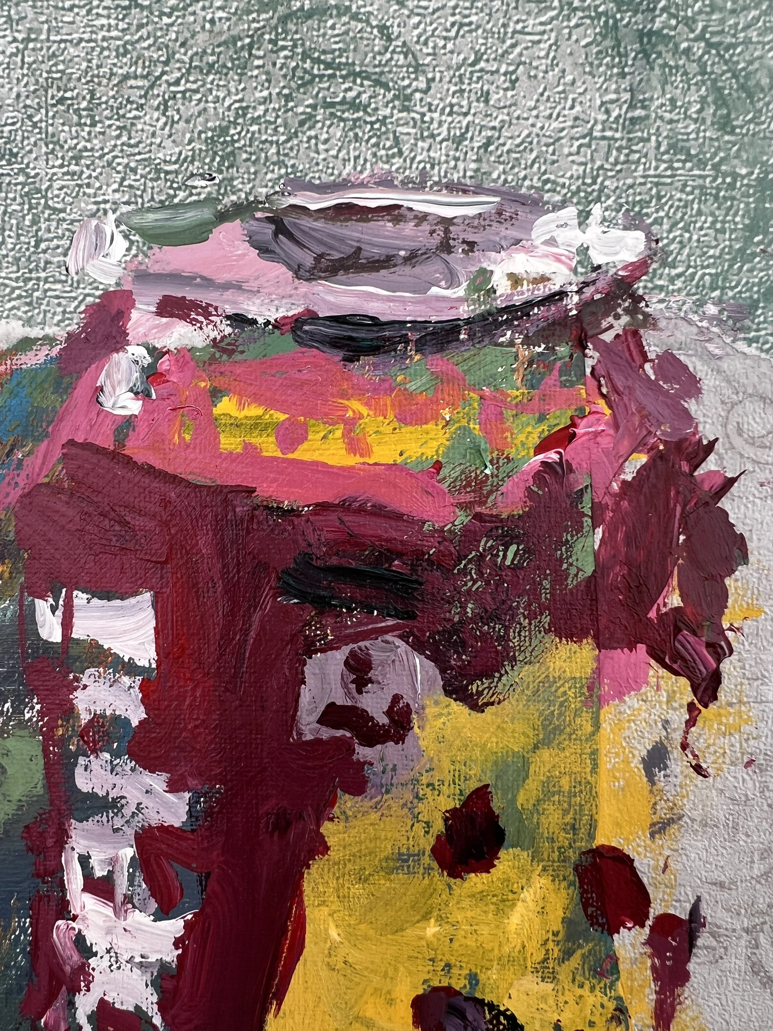 old expressive painting of Poppi strawberry lemon soda pink can with collage elements, acrylics on 11x14 canvas - close up 1