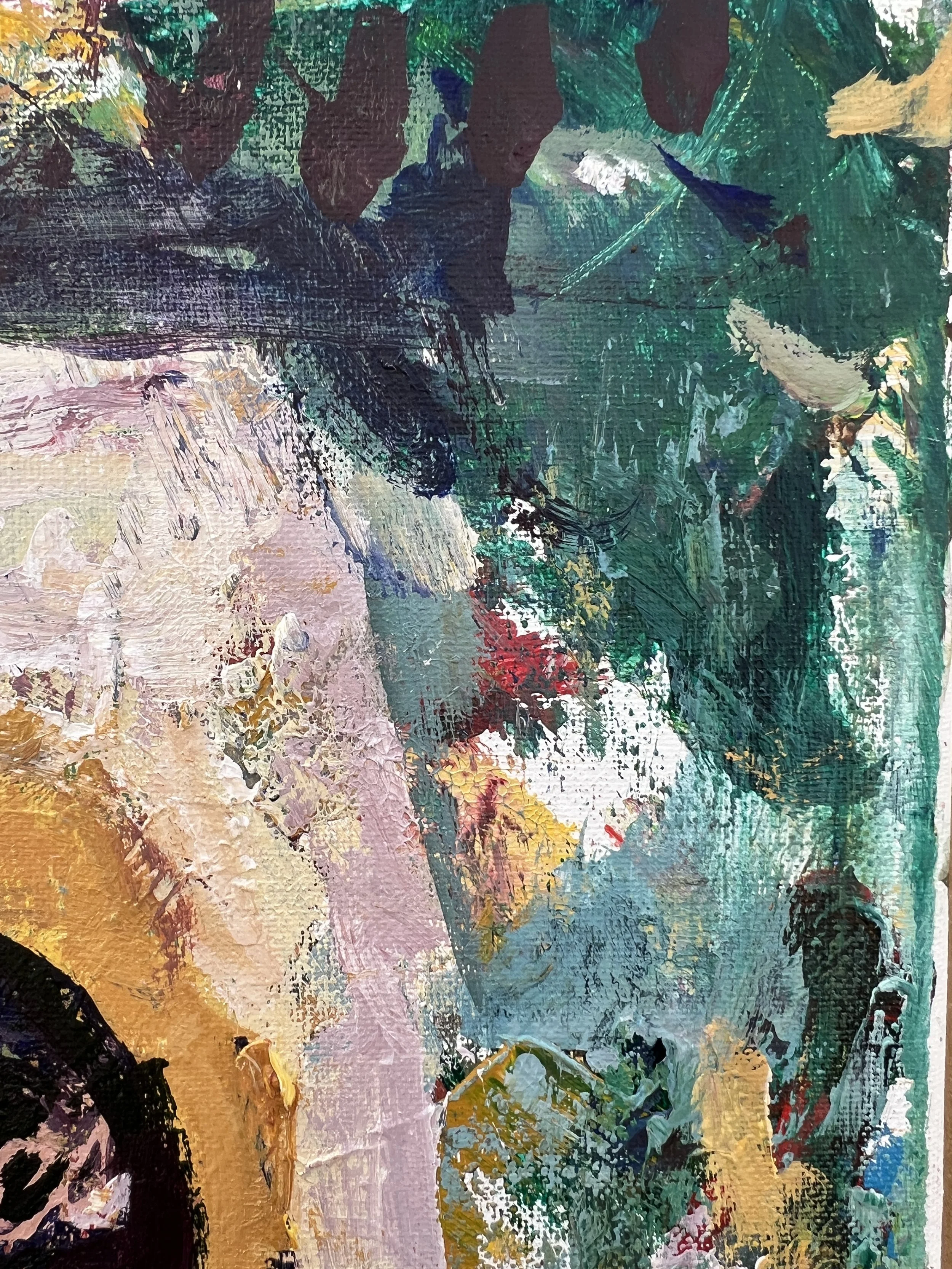 Expressive acrylic painting of a mayonnaise jar with abstract brushwork and textured background - close up 2