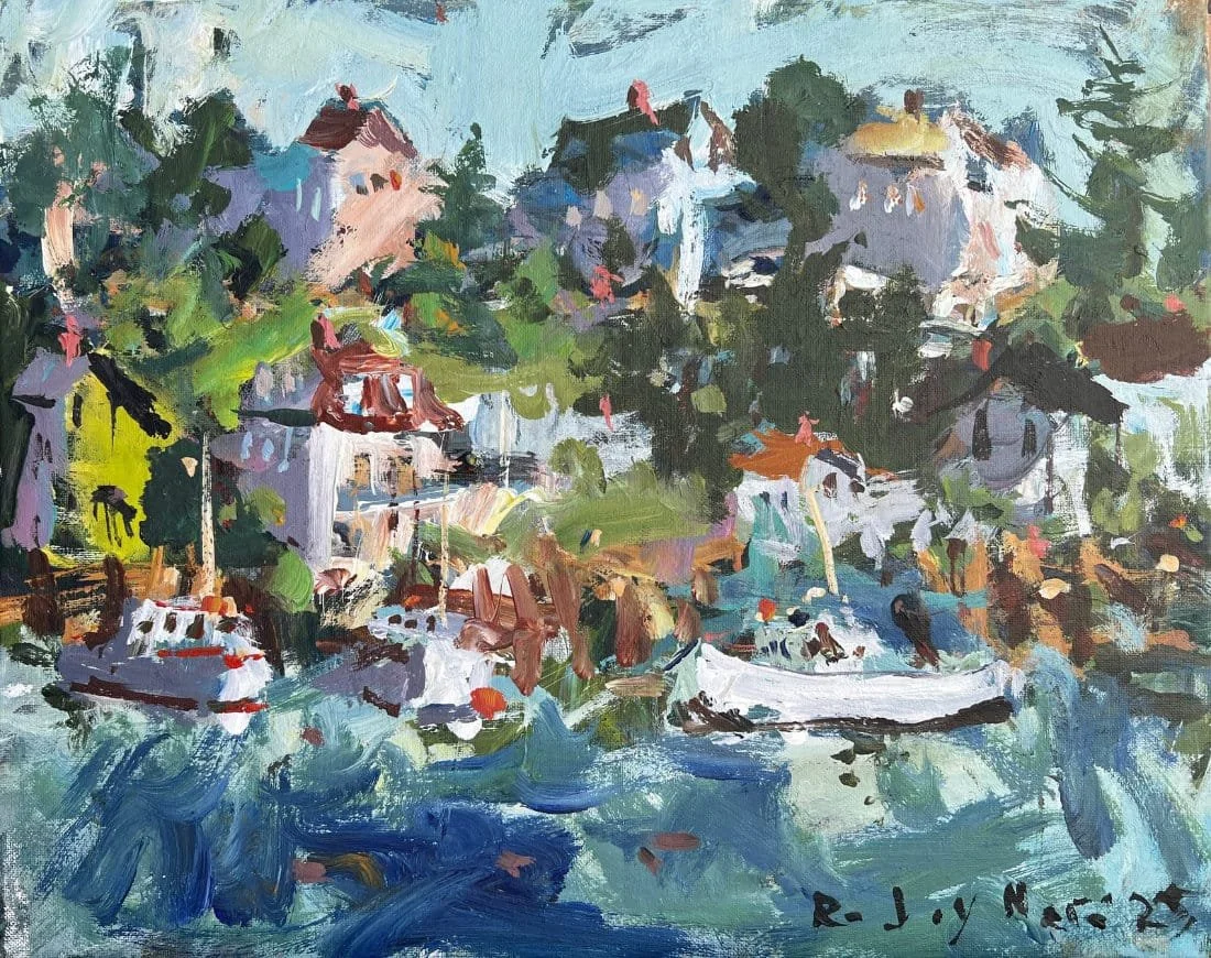Expressive painting of a weathered coastal home overlooking the ocean in Maine.