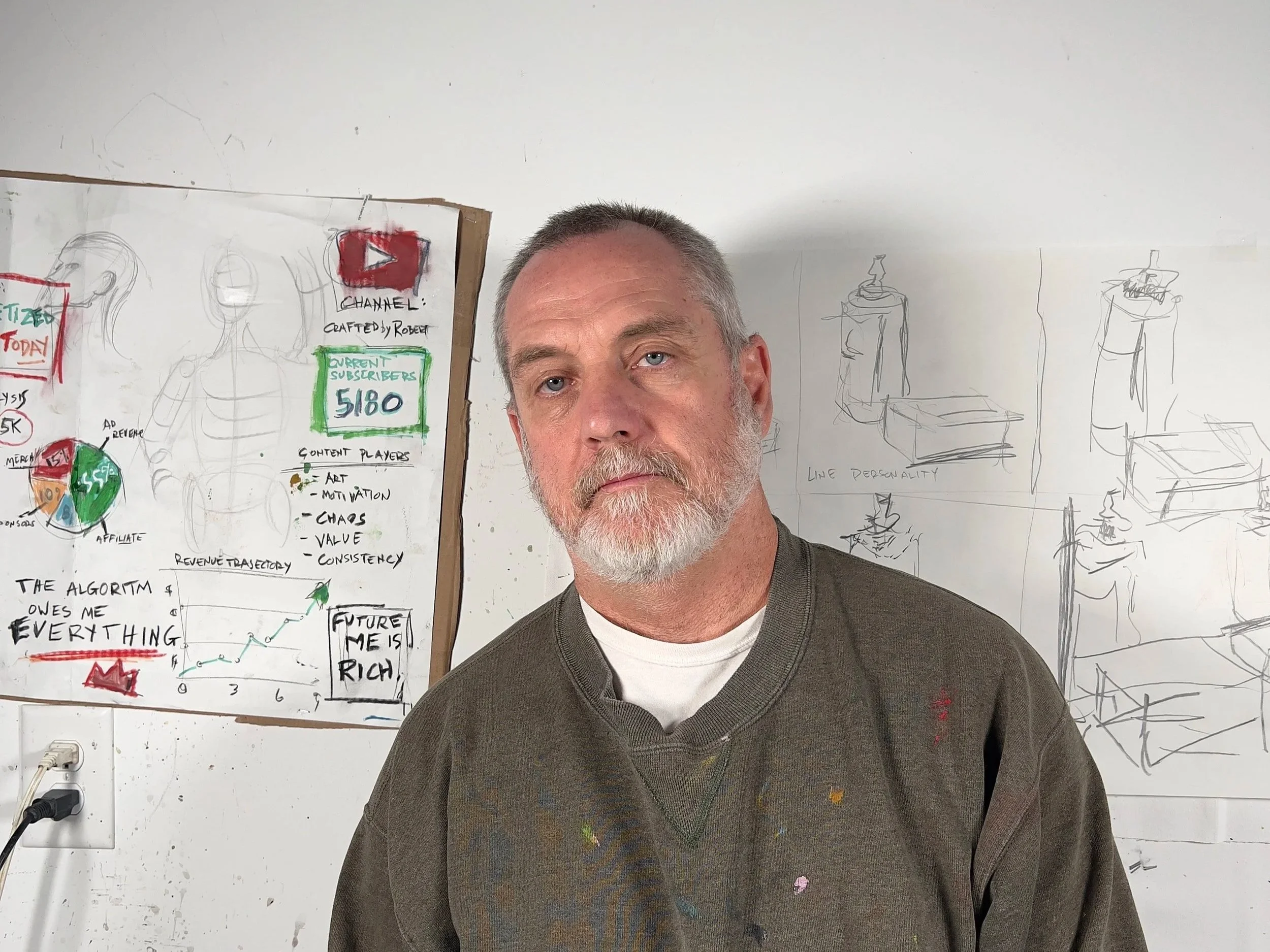 A middle-aged man with short gray hair, beard, and blue eyes standing in front of a whiteboard filled with sketches and notes about content creation, analytics, and line personality.