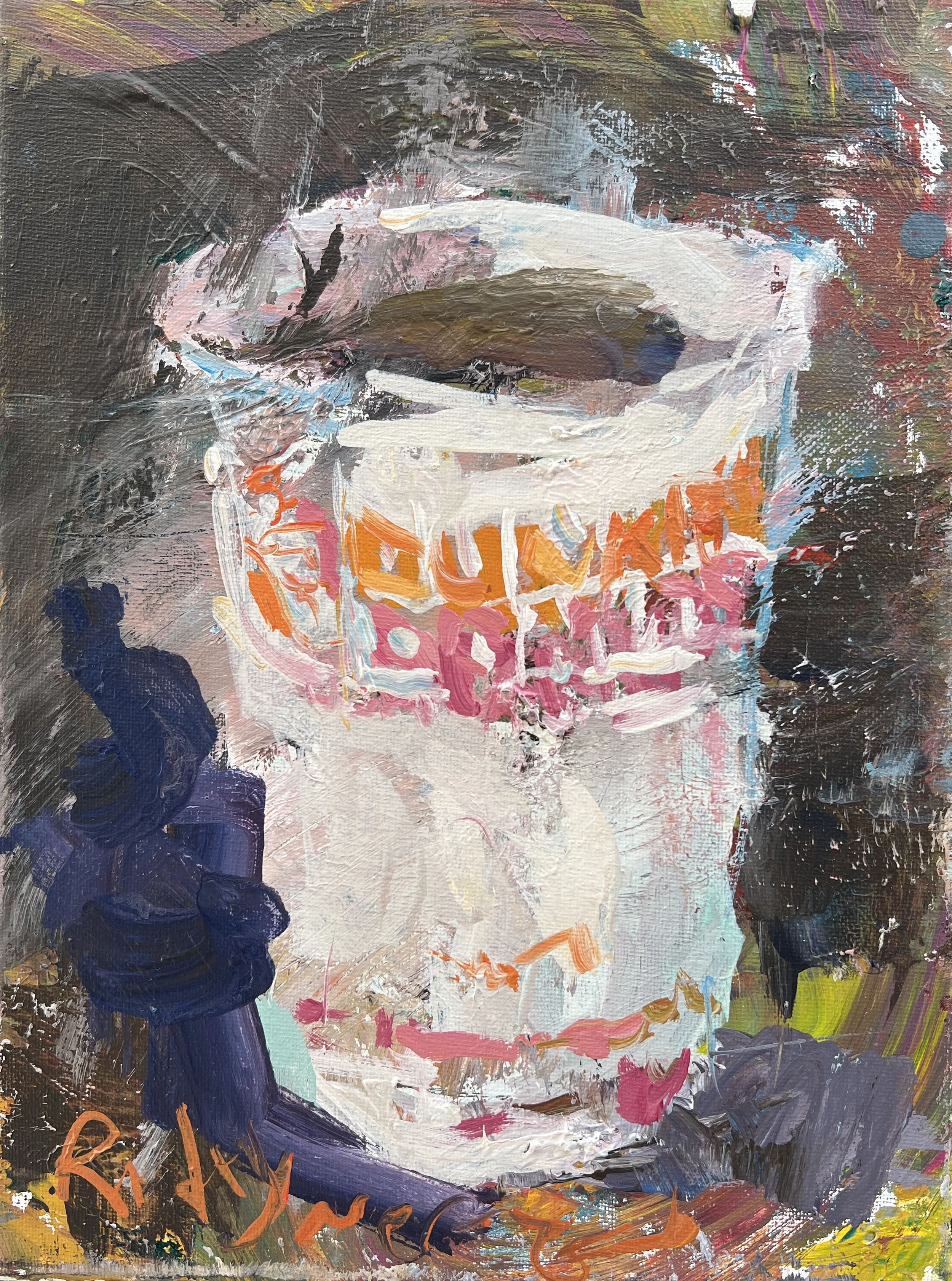 Loose expressive original painting of Dunkin' Donuts coffee cup in orange and pink on canvas - kitchen wall art