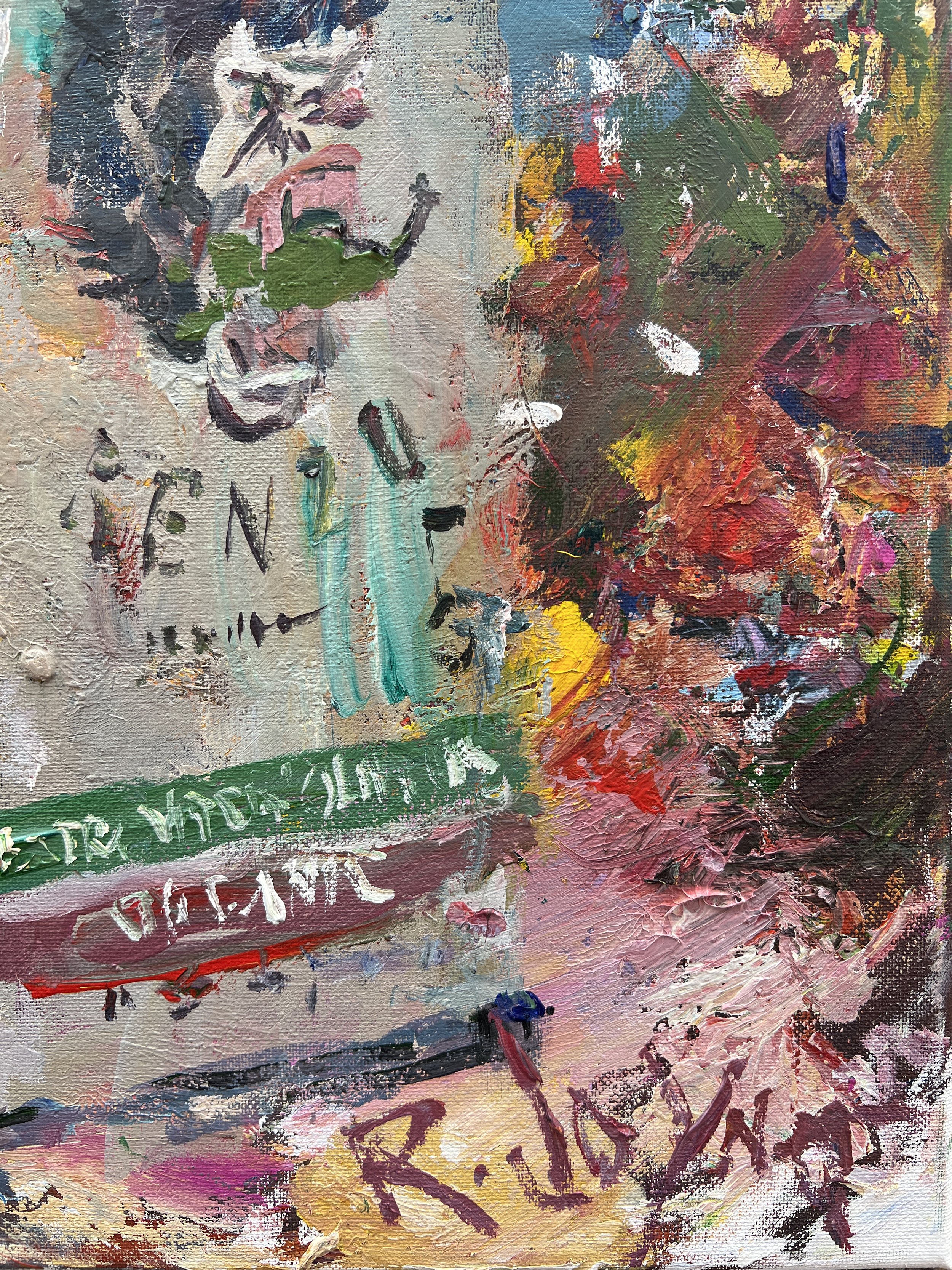 Bold expressive painting of King Kenzo extra virgin olive oil tin can with Mediterranean label, acrylics on 20x16 canvas - close up 5