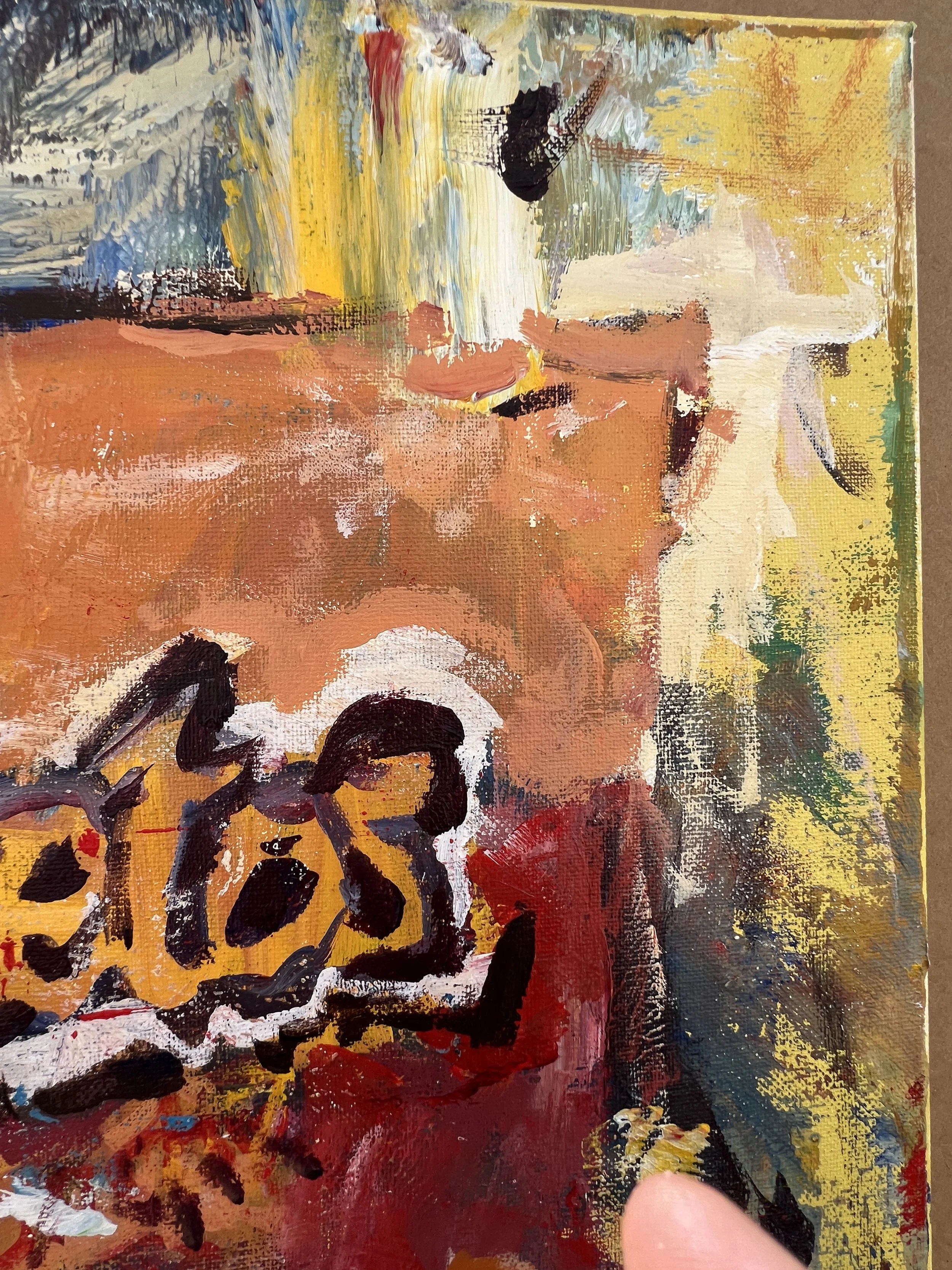 Bold expressive painting of Cheetos orange bag with cheetah logo, acrylics on 20x16 canvas - close up 2