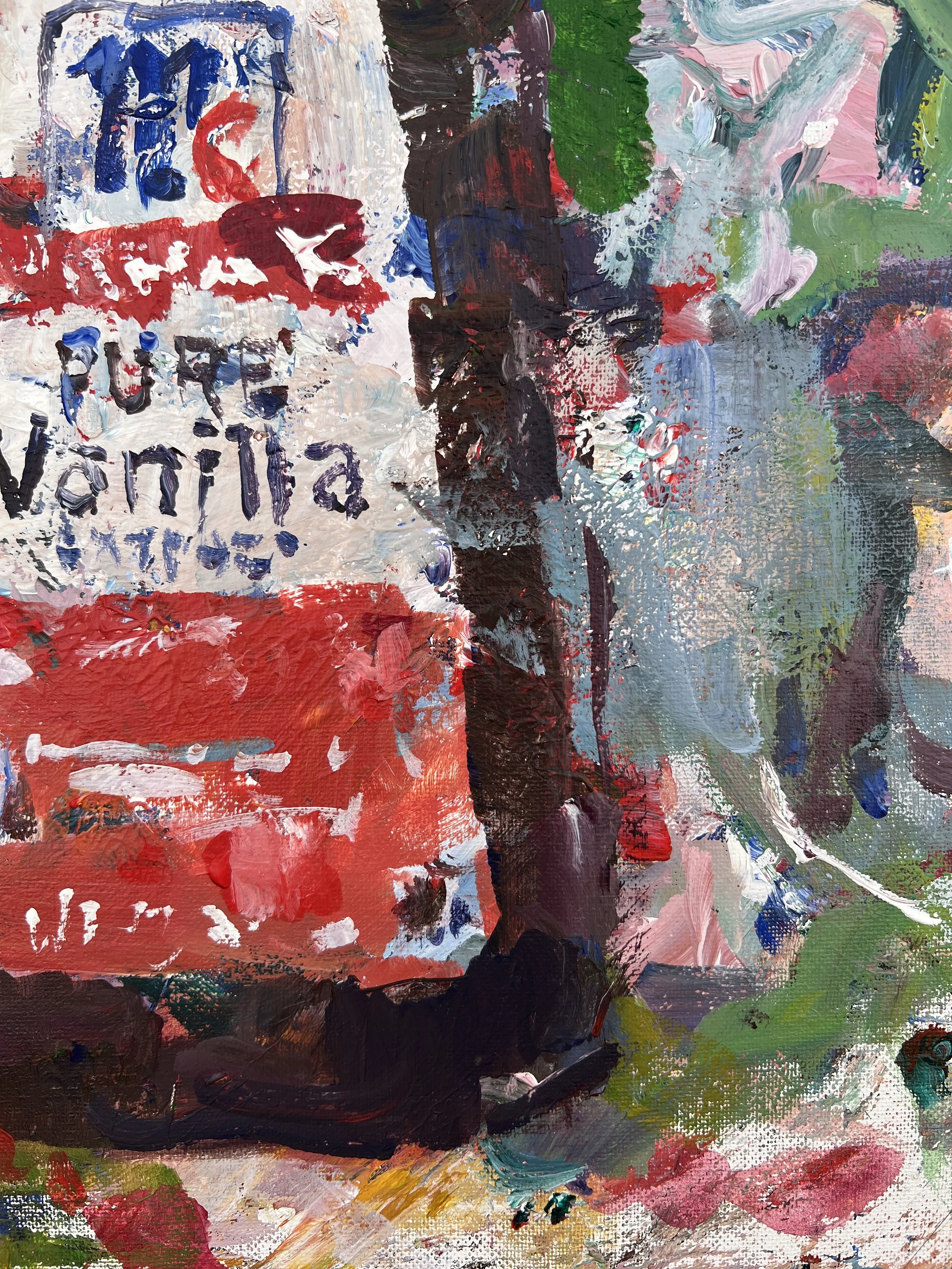 Bold expressive painting of McCormick Pure Vanilla Extract brown bottle with red cap, acrylics on 20x16 canvas - close up 4