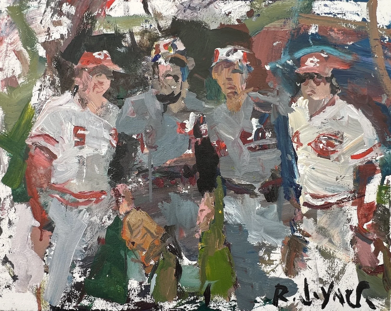 Original painting of baseball legends Bench, Rose, Grimsley and Perez