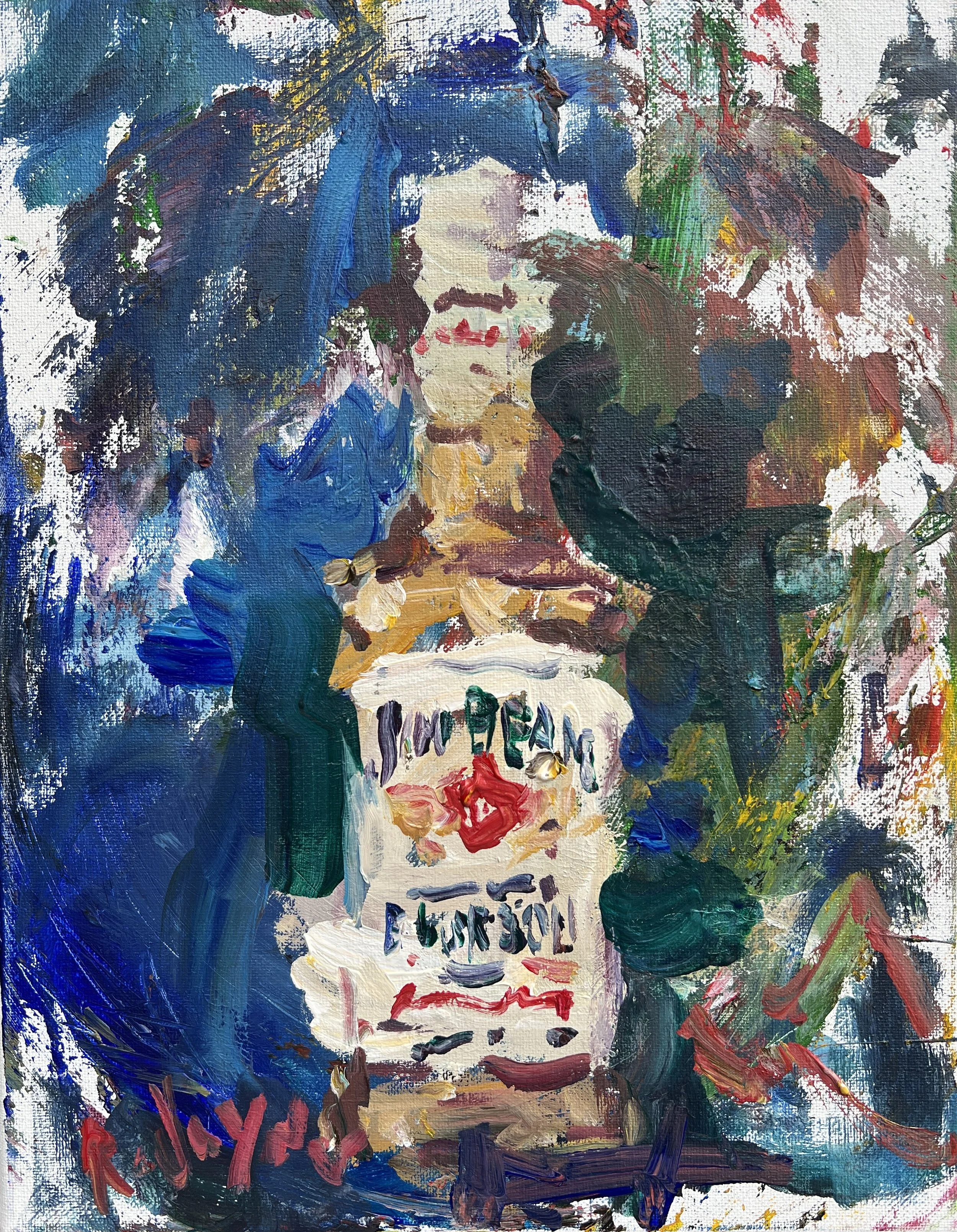 Bold, expressive painting featuring a Jim Beam bourbon bottle rendered in loose, painterly style.
