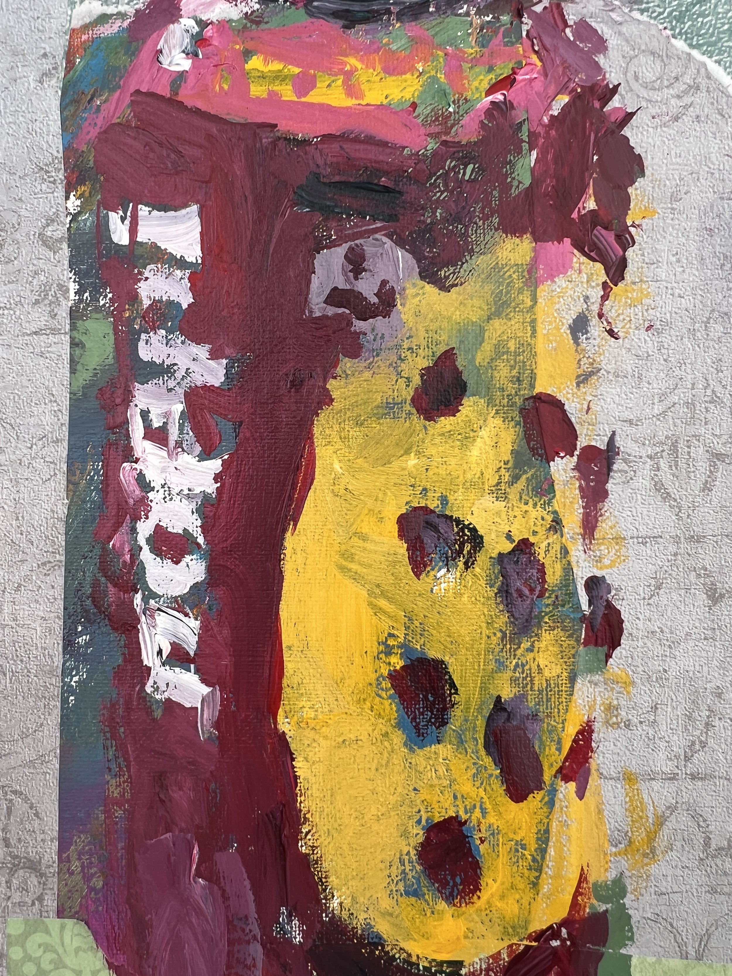 old expressive painting of Poppi strawberry lemon soda pink can with collage elements, acrylics on 11x14 canvas - close up 2