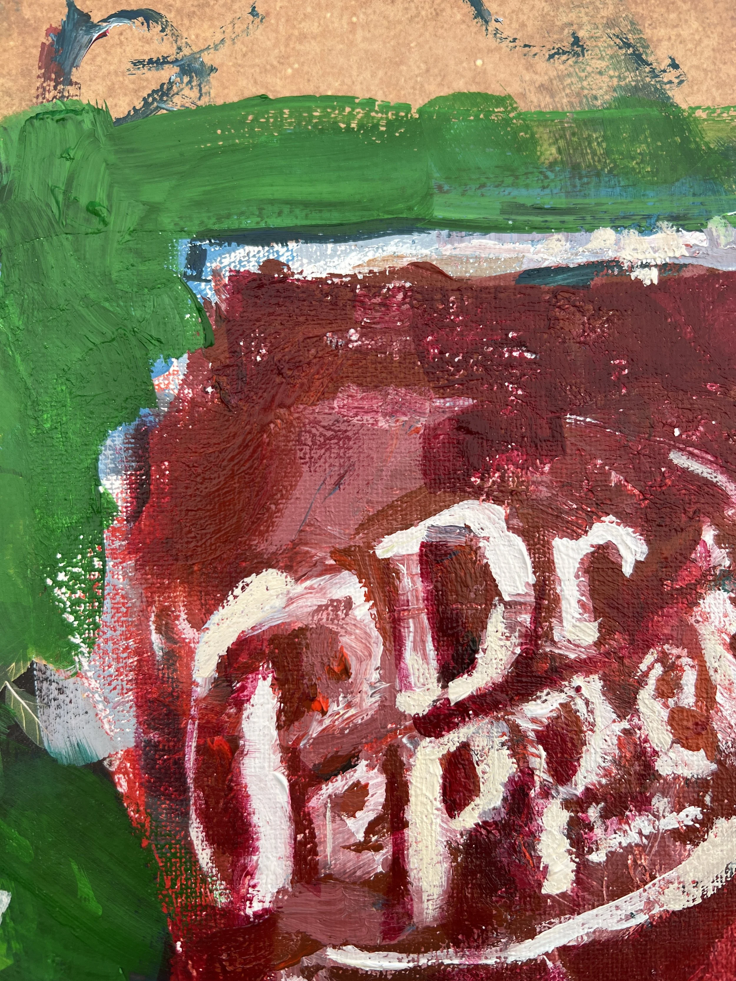 Detail view of Bold expressive painting of Dr Pepper maroon can