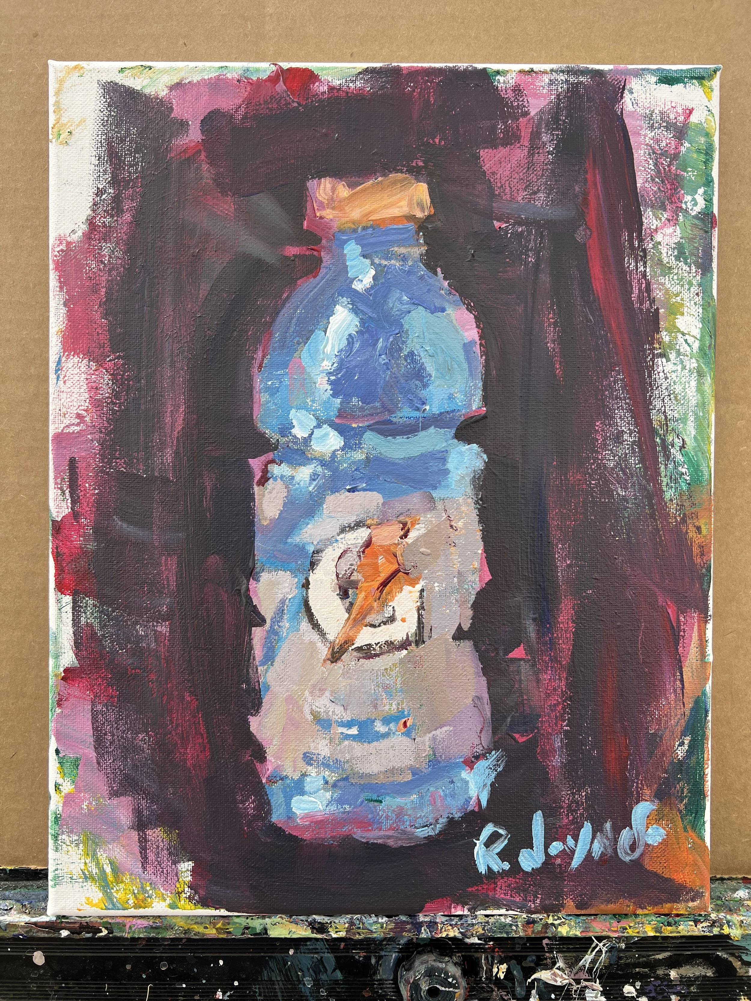 Expressive acrylic painting of an energy drink bottle with bold colors and dark abstract background shows all edges