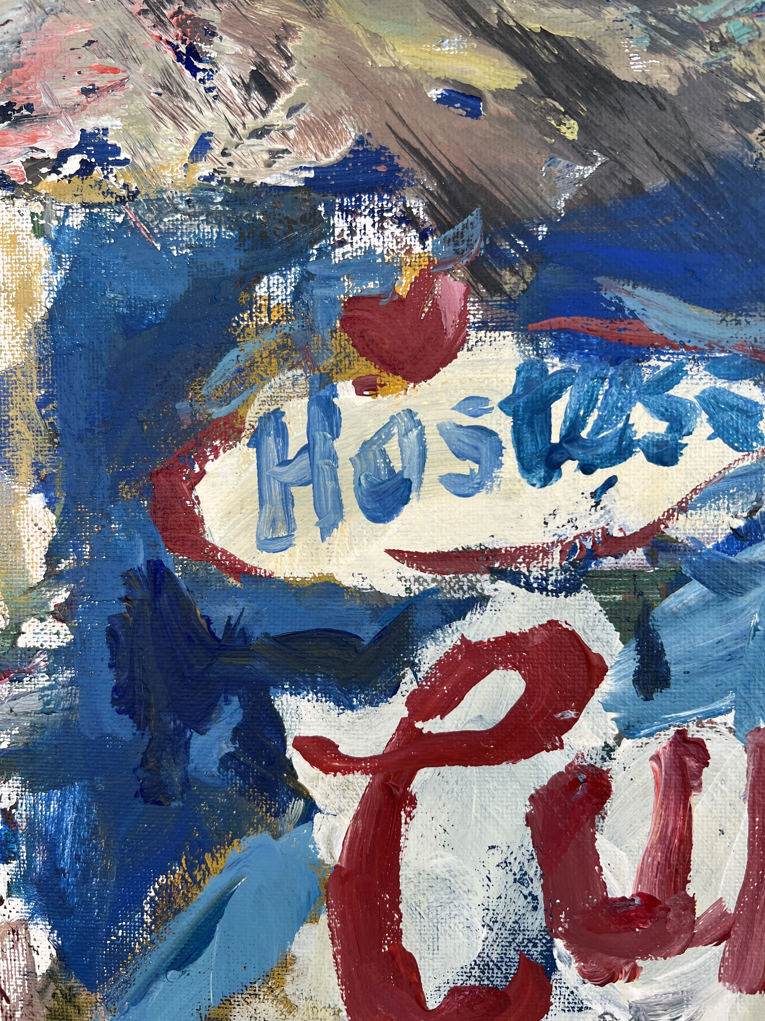 Bold expressive painting of Hostess Cupcakes orange box with chocolate cupcakes and white squiggle, acrylics on 16x20 canvas - close up 1