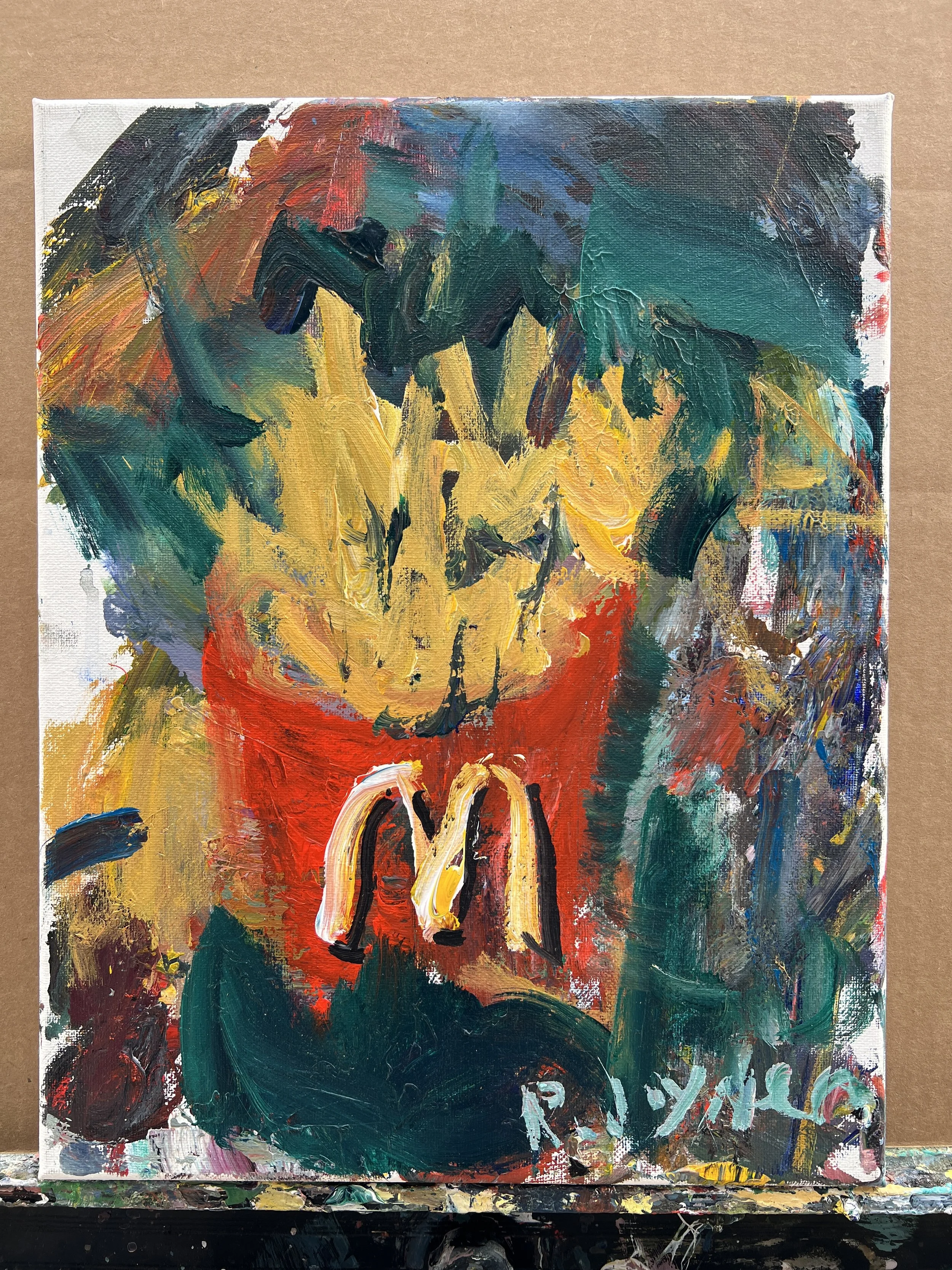 Loose expressive original painting of McDonald's french fries in red and yellow box on canvas 11x14 - kitchen wall art shows all edges