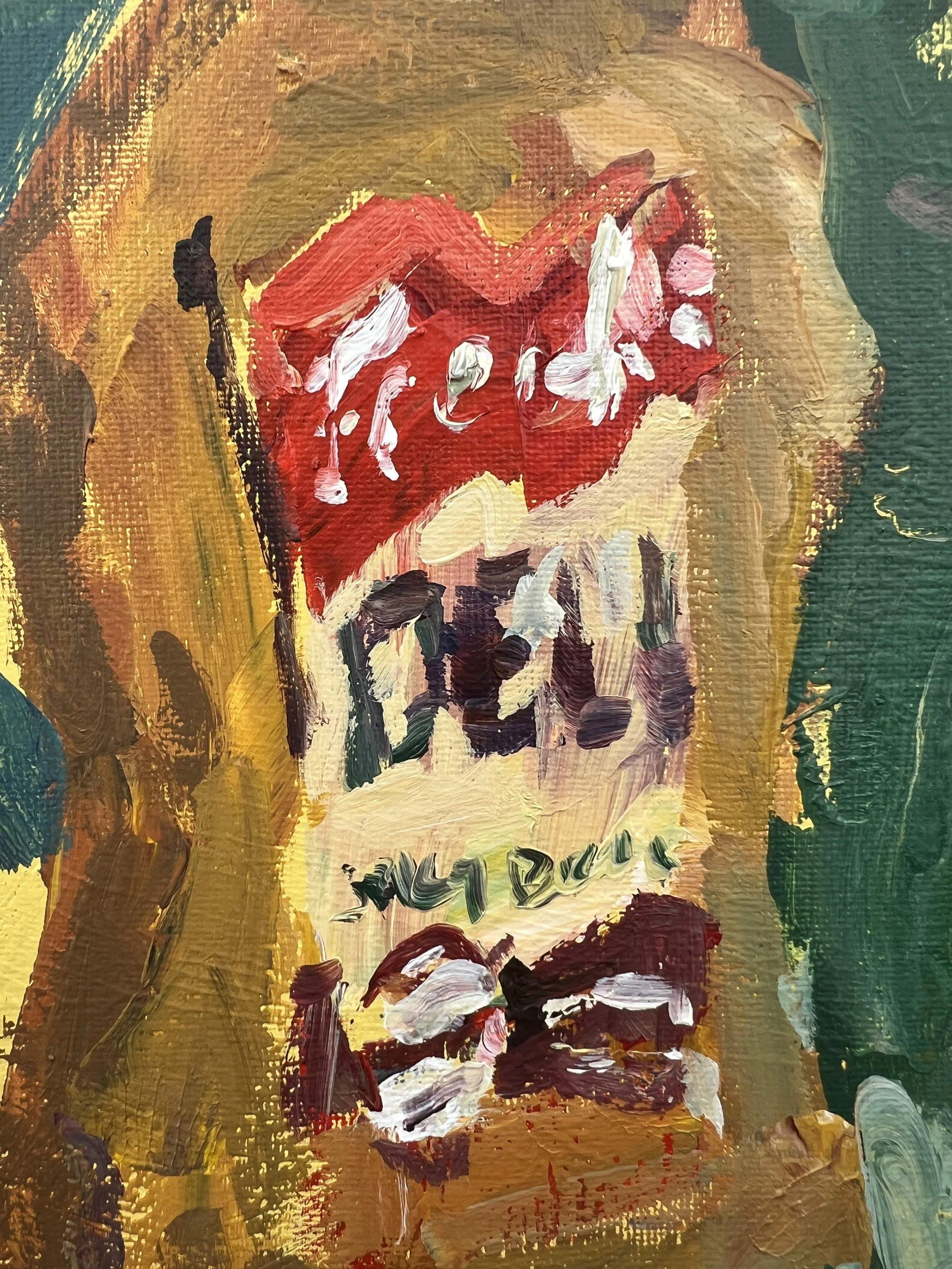 Brushwork detail of Bold expressive painting of French's Mustard yellow squeeze bottle